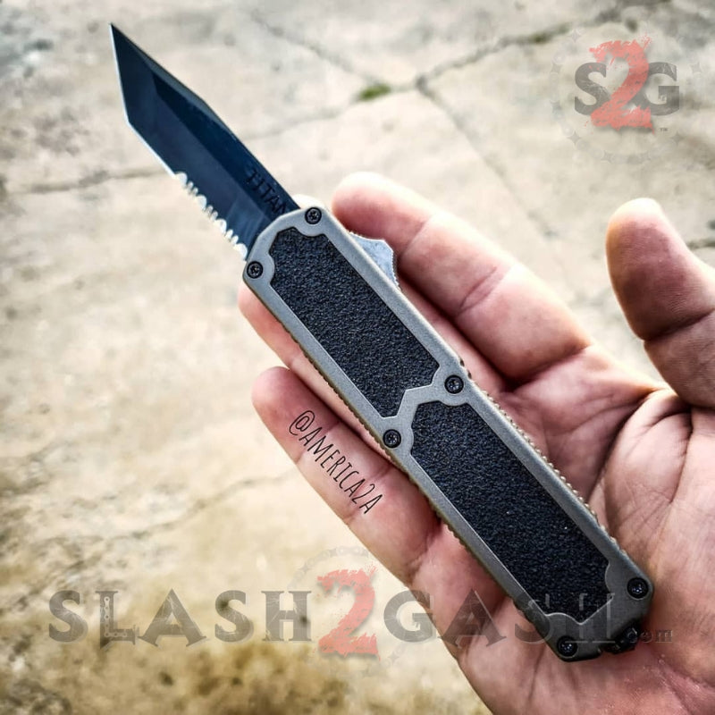 Titan OTF Dual Action Grey Tactical Automatic Knife Tanto Serrated Knife-OTF - Tophatter Daily Deals