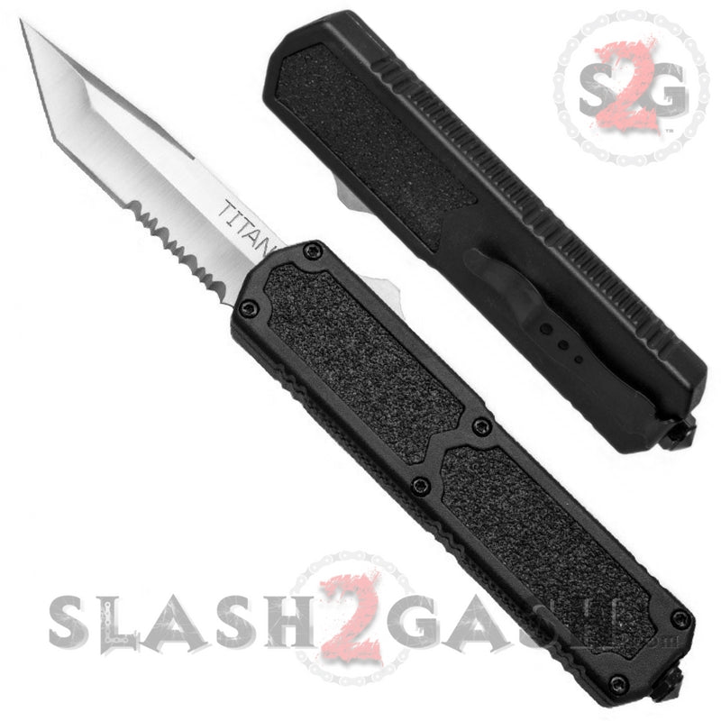 Titan OTF Dual Action Black Automatic Knife Tanto Satin Plain Knife-OTF - Tophatter Daily Deals