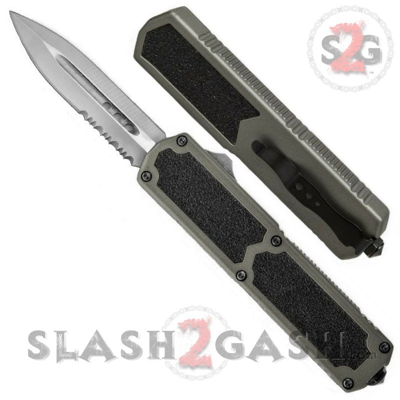 Titan OTF Knife D/A Grey Automatic Switchblade Gray TAIWAN - upgraded Double Serrated (combo edge) - Satin Knife-OTF - Tophatter Daily Deals