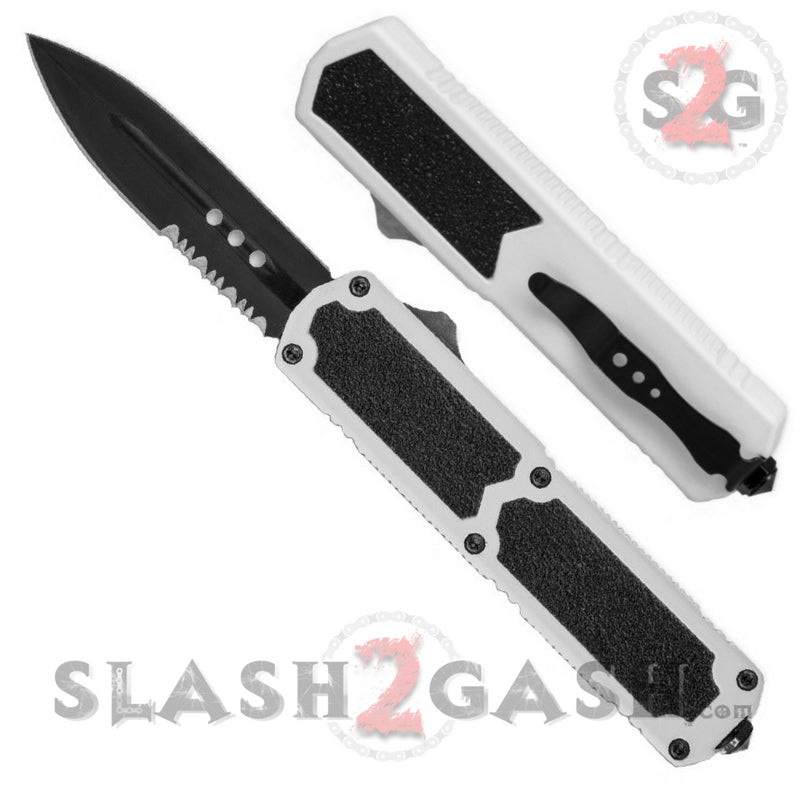 Titan OTF Knife D/A White Automatic Switchblade TAIWAN - upgraded Double Serrated (combo edge) - Black Knife-OTF - Tophatter Daily Deals