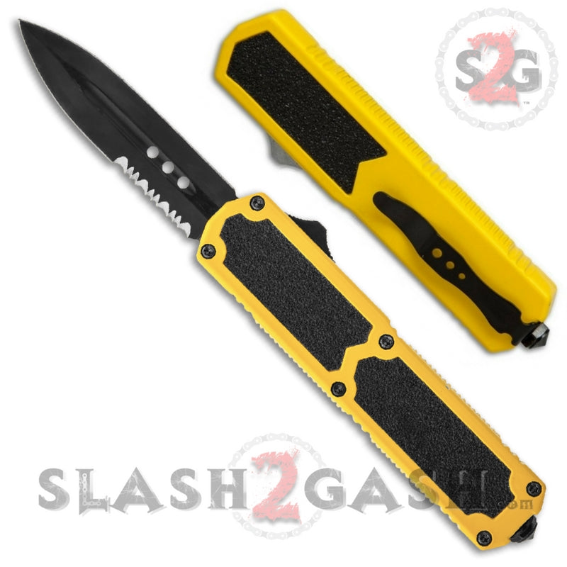 Titan OTF Knife D/A Yellow Automatic Switchblade TAIWAN - upgraded Double Serrated (combo edge) - Black Knife-OTF - Tophatter Daily Deals