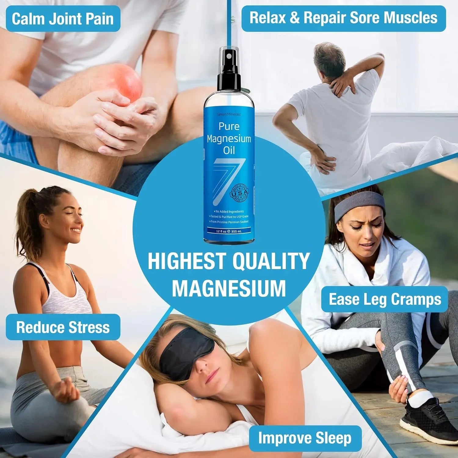 Seven Minerals Pure Magnesium Oil Spray - Topical Muscle Relief (12 oz) Vitamins & Supplements - Tophatter Daily Deals