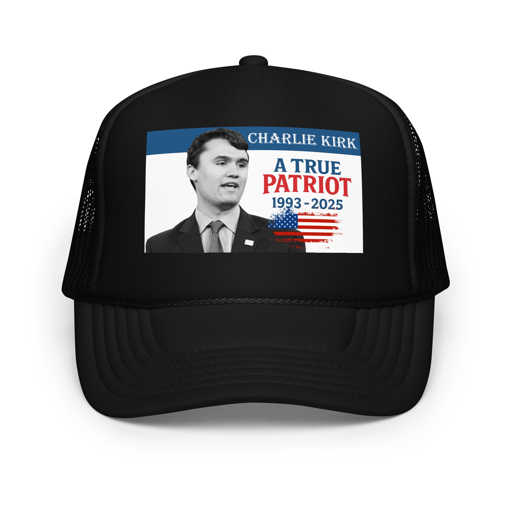 Charlie Kirk Trucker hat, True Patriot 1993-2025 Rip Memorial American Flag Trucker Cap Black Trucker Hat - Tophatter Daily Deals