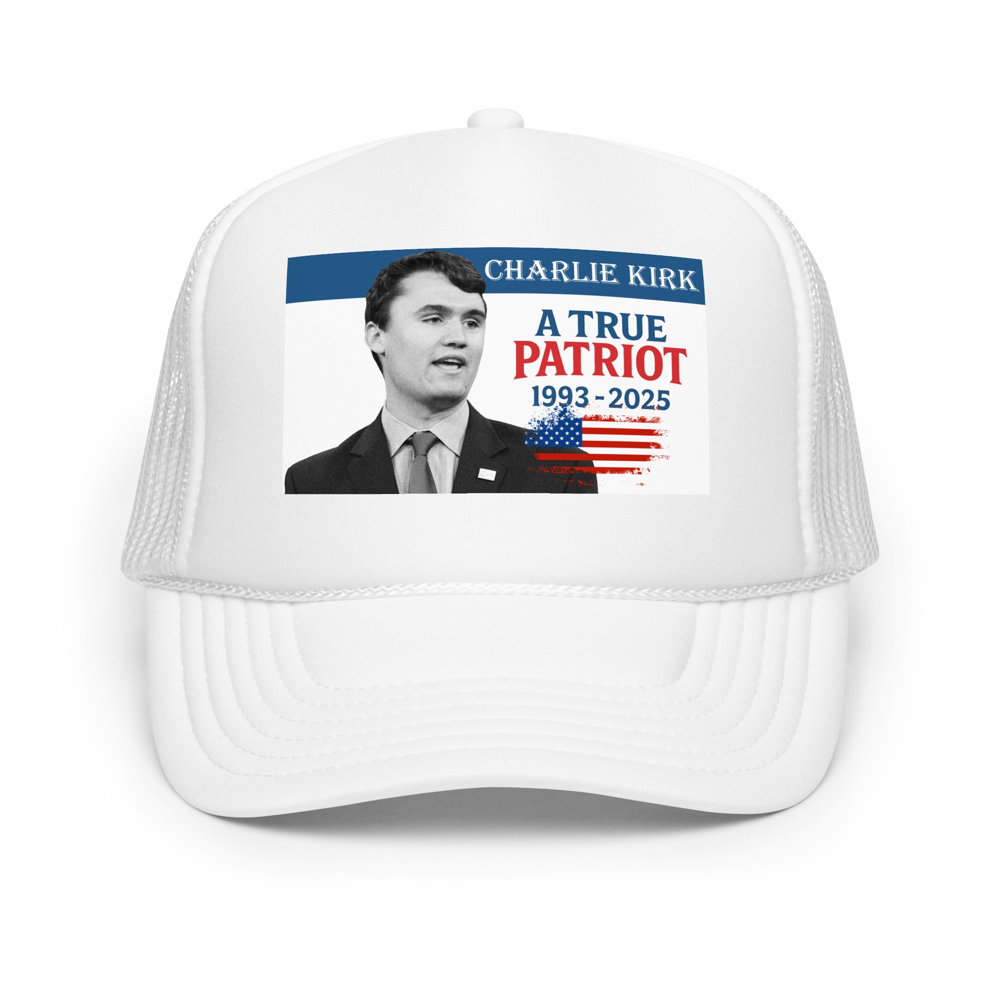 Charlie Kirk Trucker hat, True Patriot 1993-2025 Rip Memorial American Flag Trucker Cap White Trucker Hat - Tophatter Daily Deals