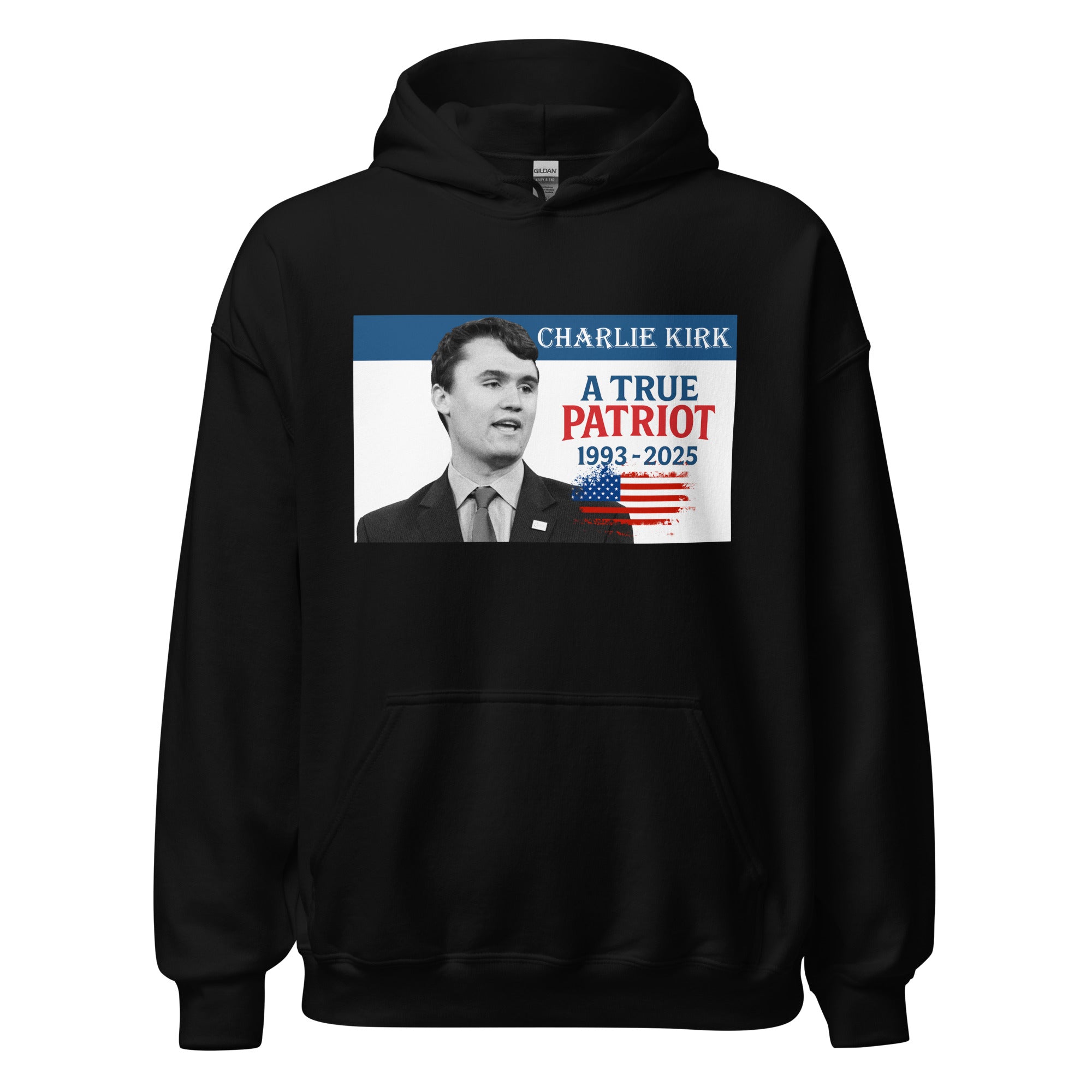 Charlie Kirk Hoodie, True Patriot 1993-2025 RIP Memorial American Flag Pullover Black Pullover - Tophatter Daily Deals