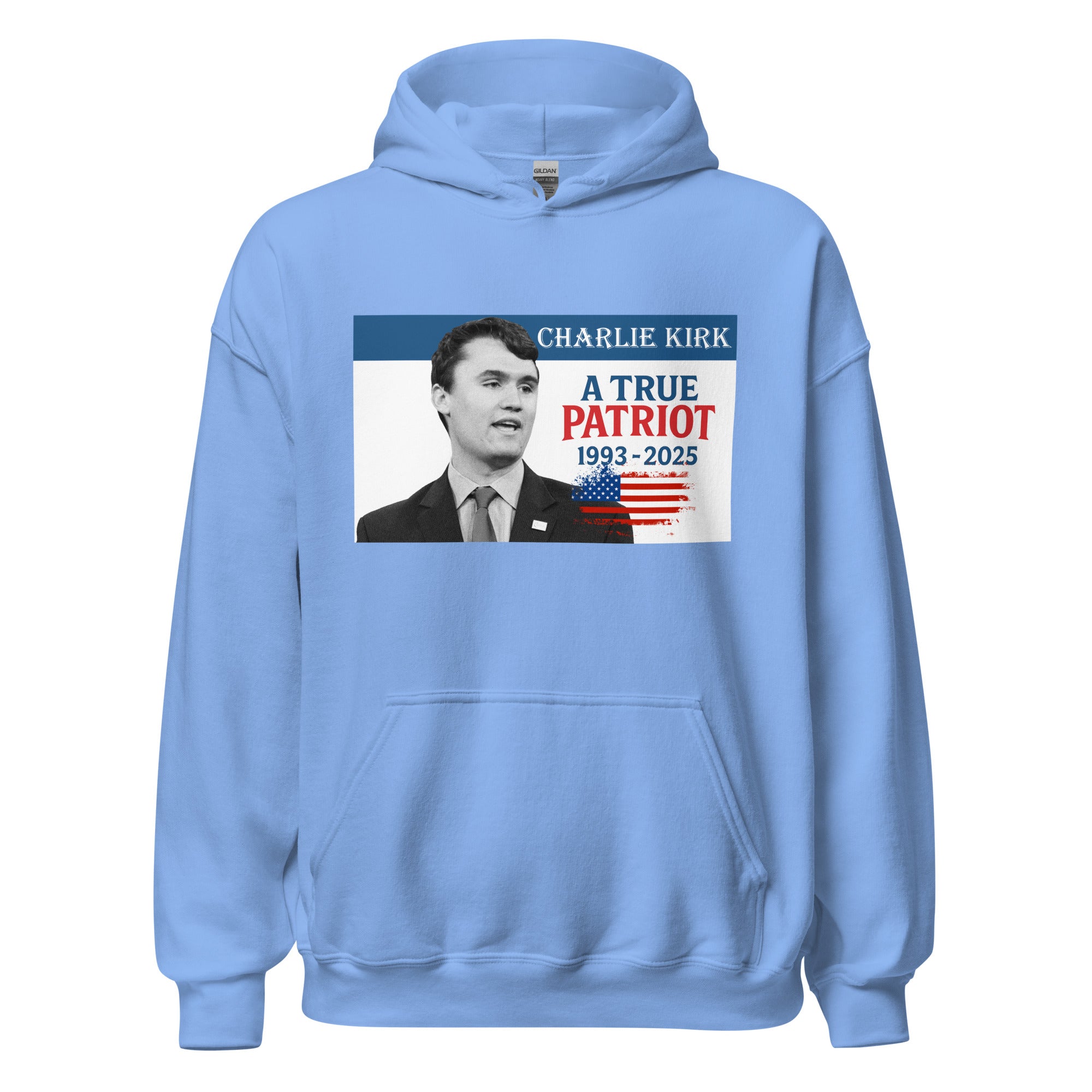 Charlie Kirk Hoodie, True Patriot 1993-2025 RIP Memorial American Flag Pullover Carolina Blue Pullover - Tophatter Daily Deals