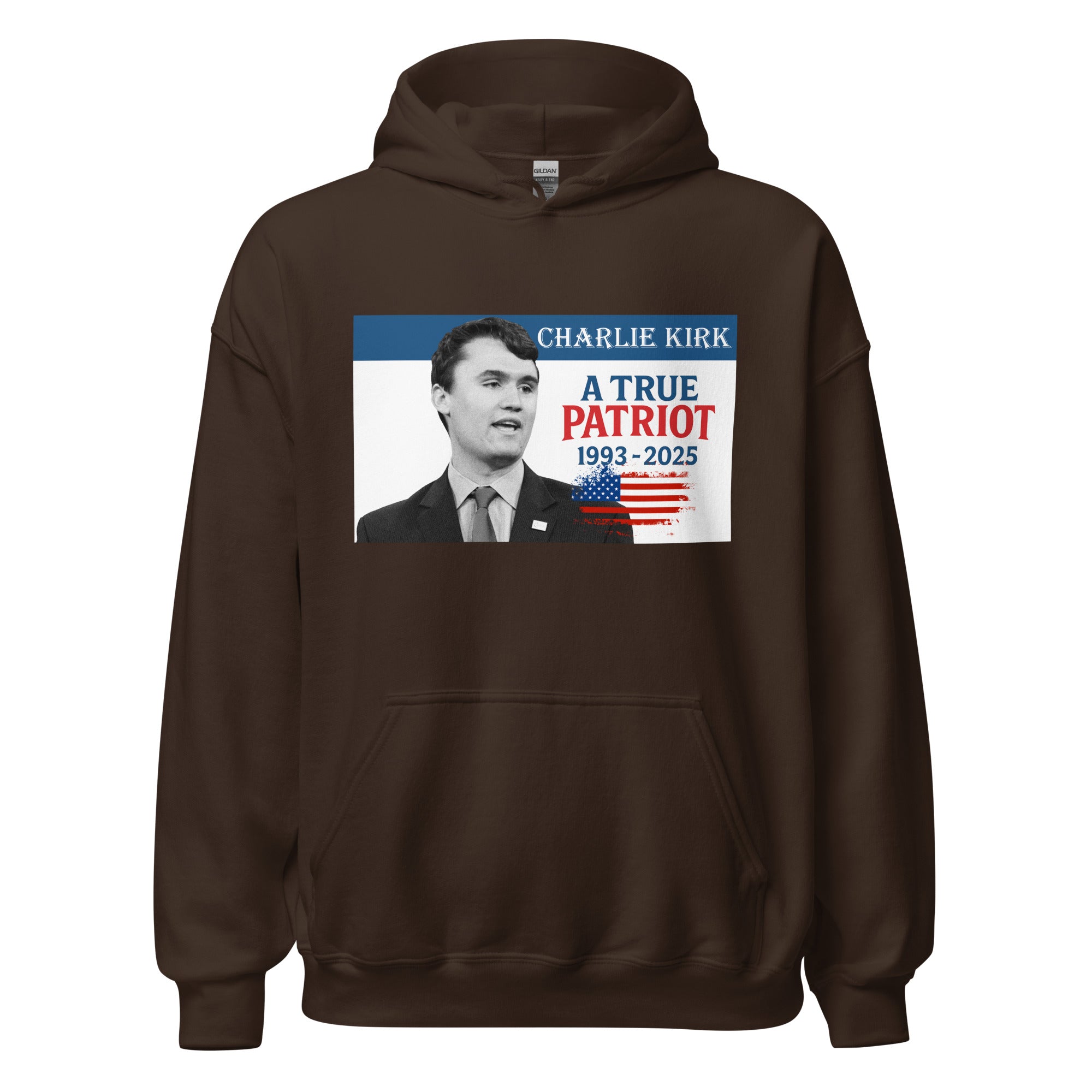 Charlie Kirk Hoodie, True Patriot 1993-2025 RIP Memorial American Flag Pullover Dark Chocolate Pullover - Tophatter Daily Deals