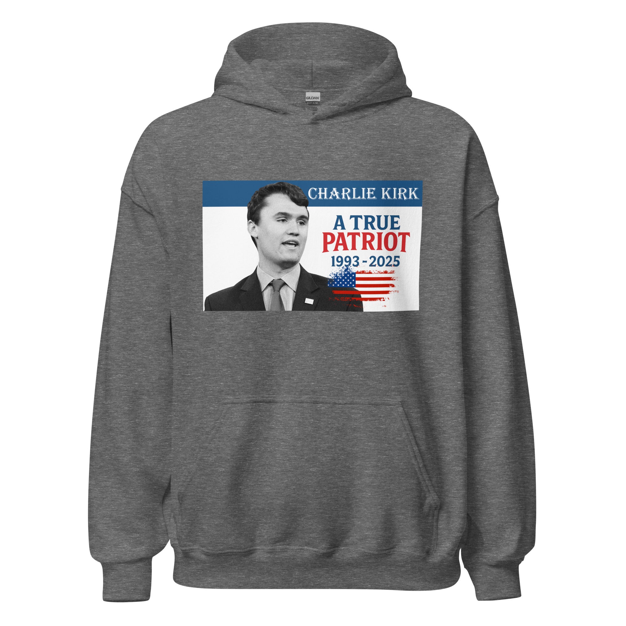 Charlie Kirk Hoodie, True Patriot 1993-2025 RIP Memorial American Flag Pullover Graphite Heather Pullover - Tophatter Daily Deals