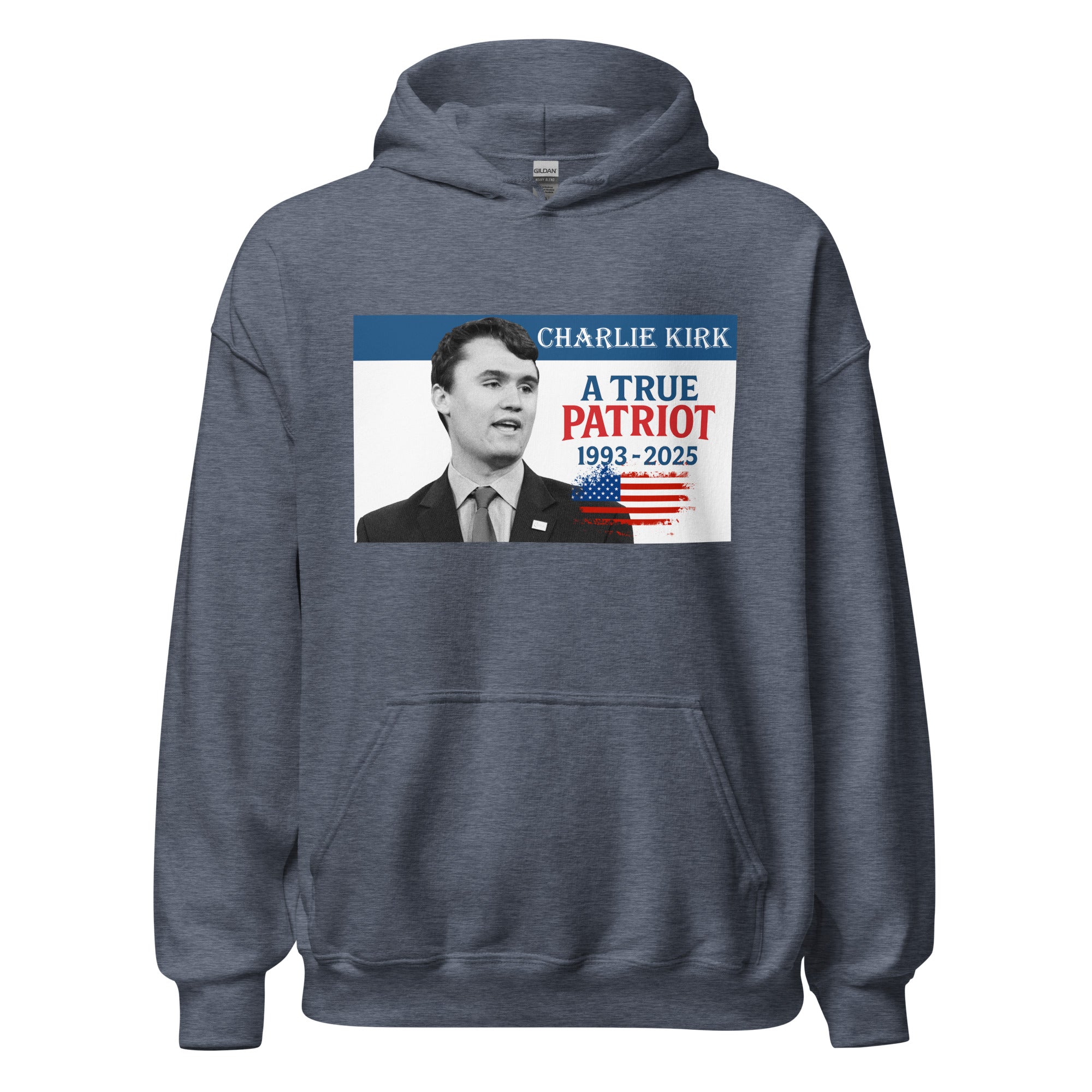 Charlie Kirk Hoodie, True Patriot 1993-2025 RIP Memorial American Flag Pullover Heather Sport Dark Navy Pullover - Tophatter Daily Deals