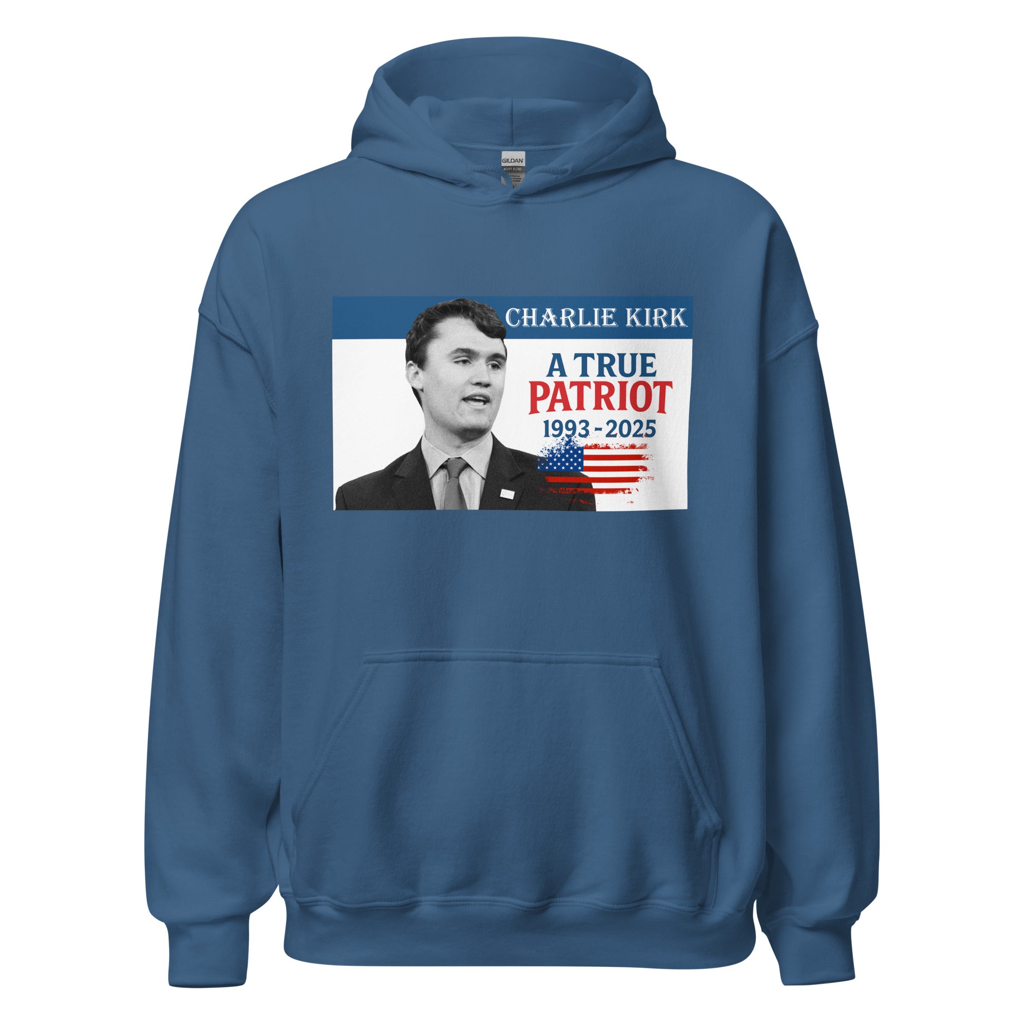 Charlie Kirk Hoodie, True Patriot 1993-2025 RIP Memorial American Flag Pullover Indigo Blue Pullover - Tophatter Daily Deals