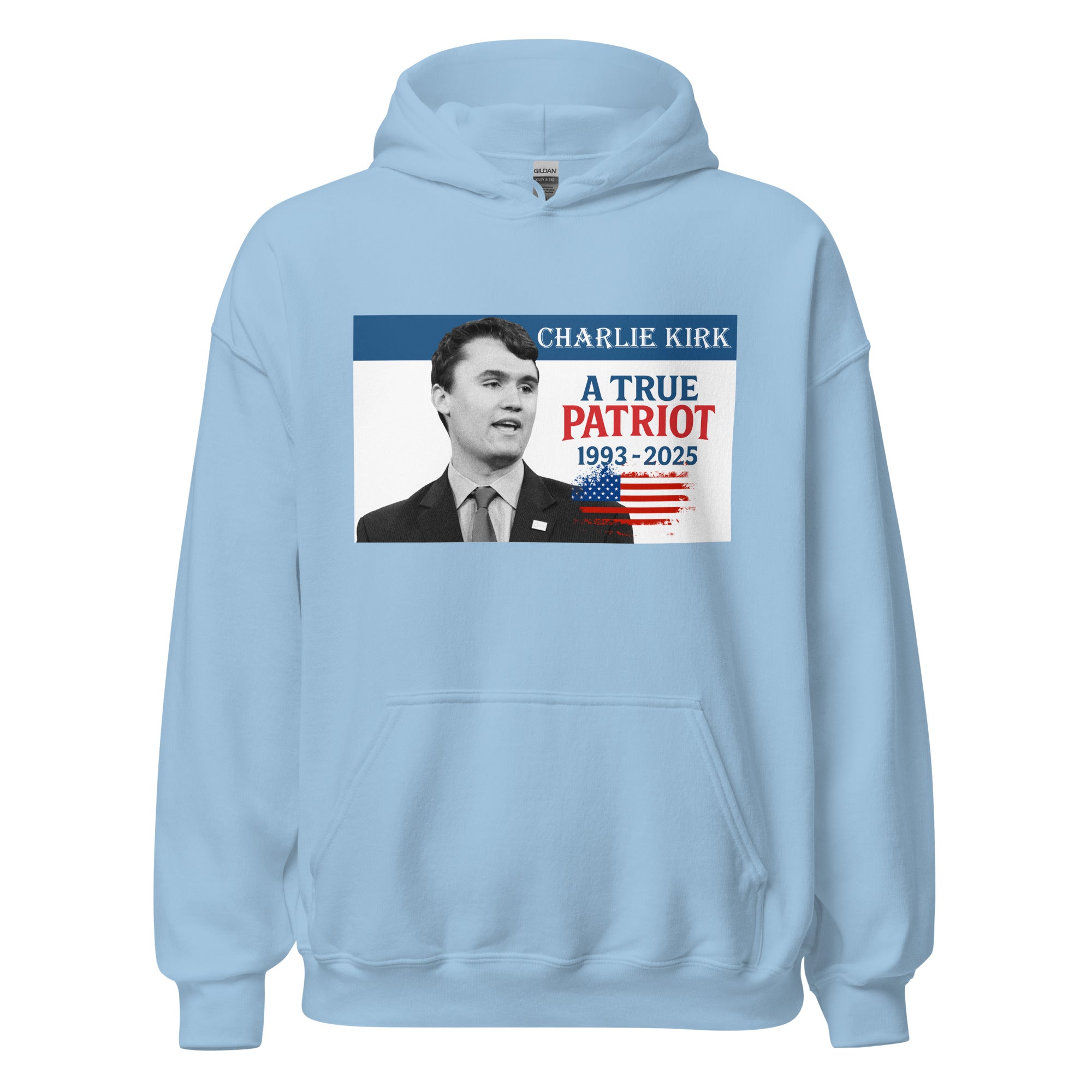 Charlie Kirk Hoodie, True Patriot 1993-2025 RIP Memorial American Flag Pullover Light Blue Pullover - Tophatter Daily Deals