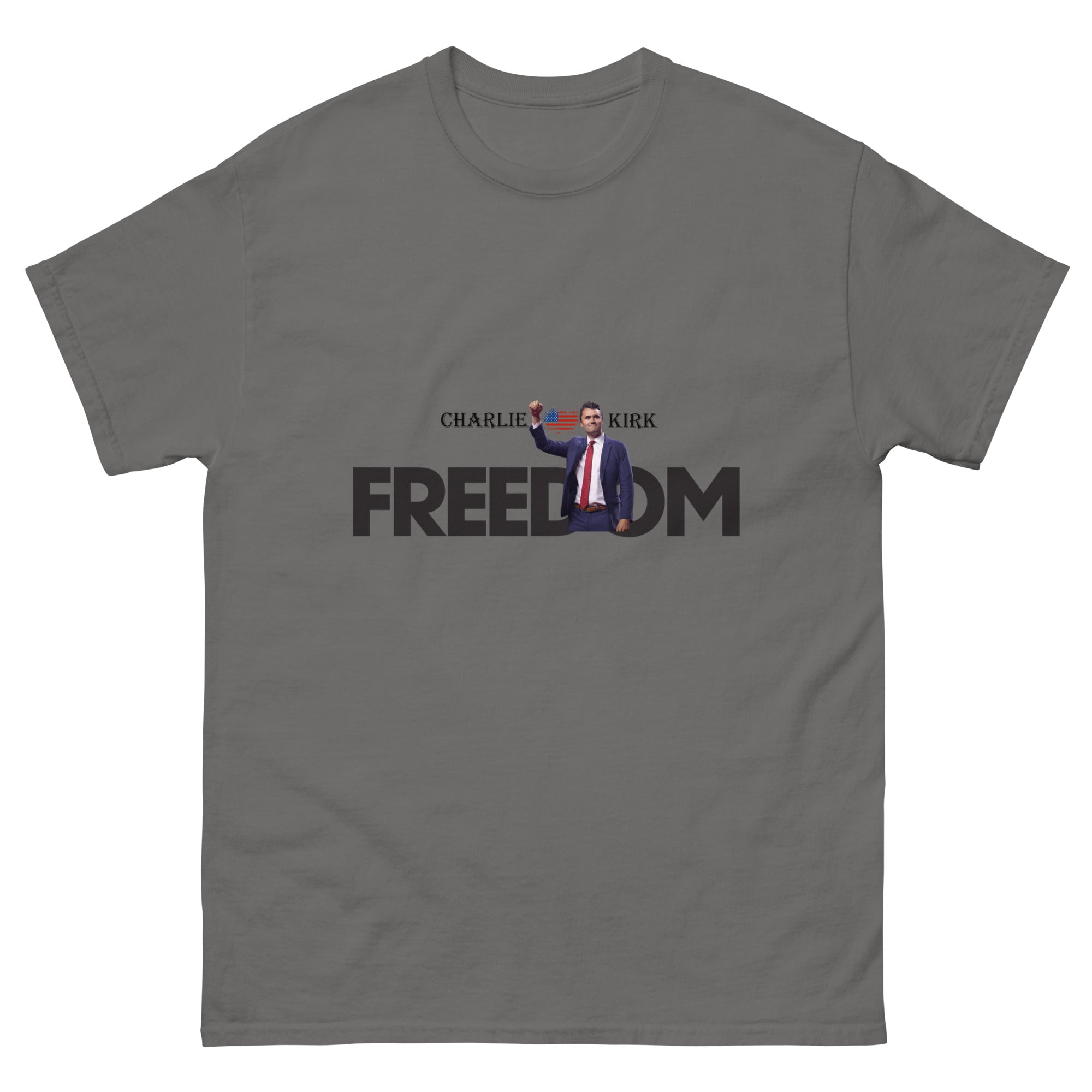 Charlie Kirk FREEDOM Shirt, RIP Memorial American Flag T-Shirt Charcoal T-Shirt - Tophatter Daily Deals