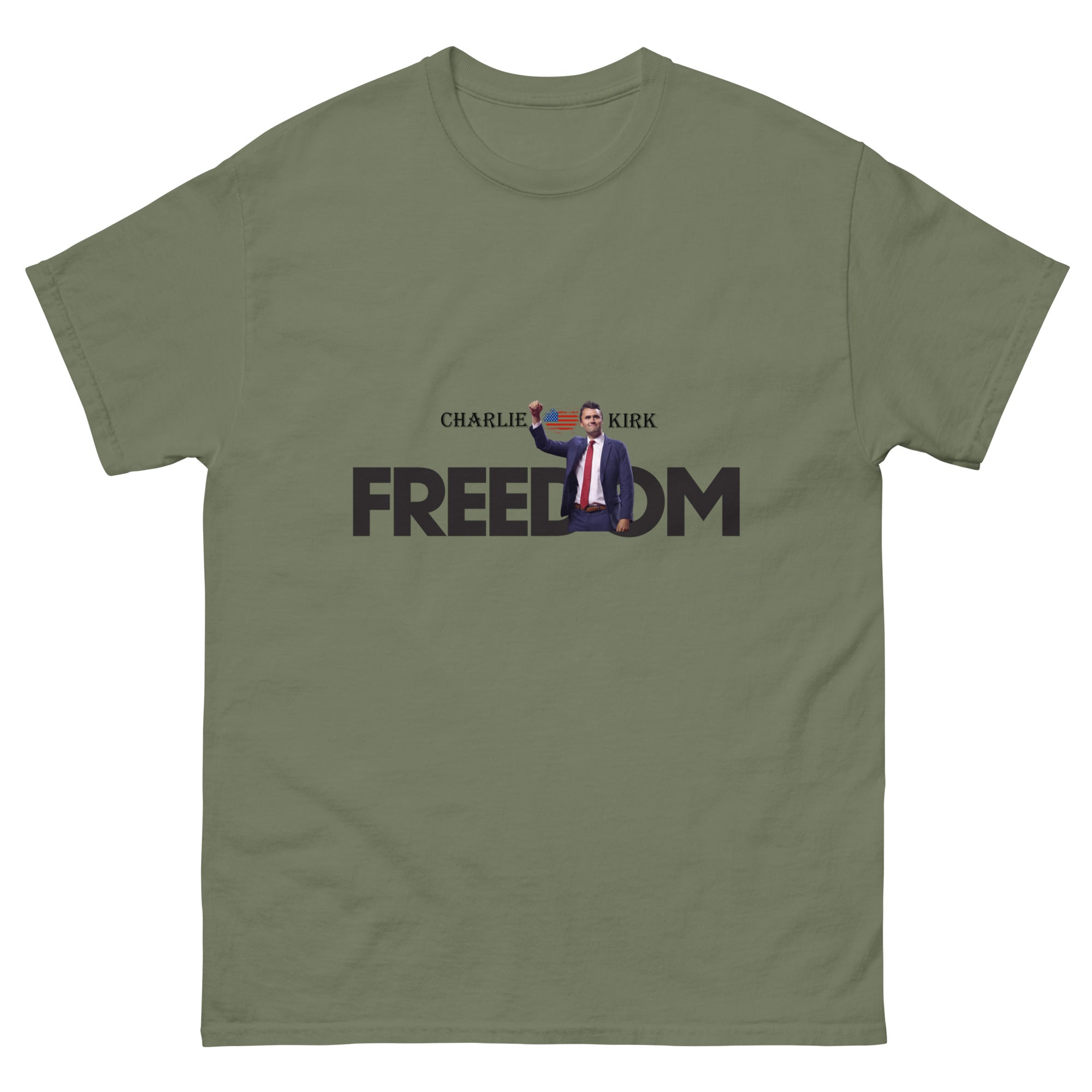 Charlie Kirk FREEDOM Shirt, RIP Memorial American Flag T-Shirt Military Green T-Shirt - Tophatter Daily Deals