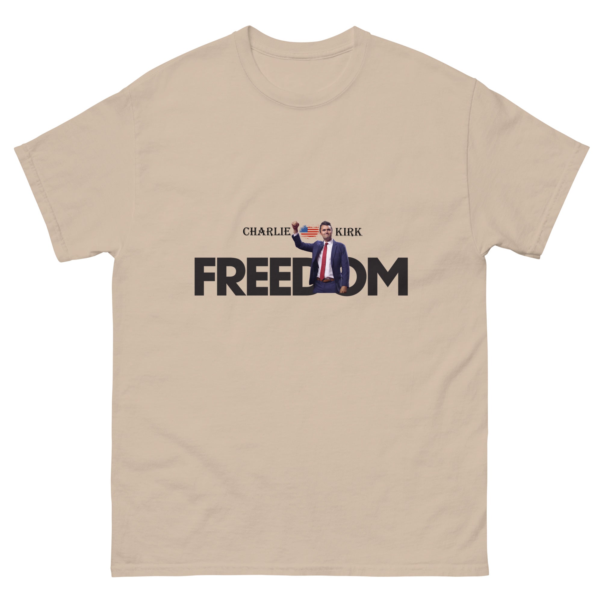 Charlie Kirk FREEDOM Shirt, RIP Memorial American Flag T-Shirt Sand T-Shirt - Tophatter Daily Deals