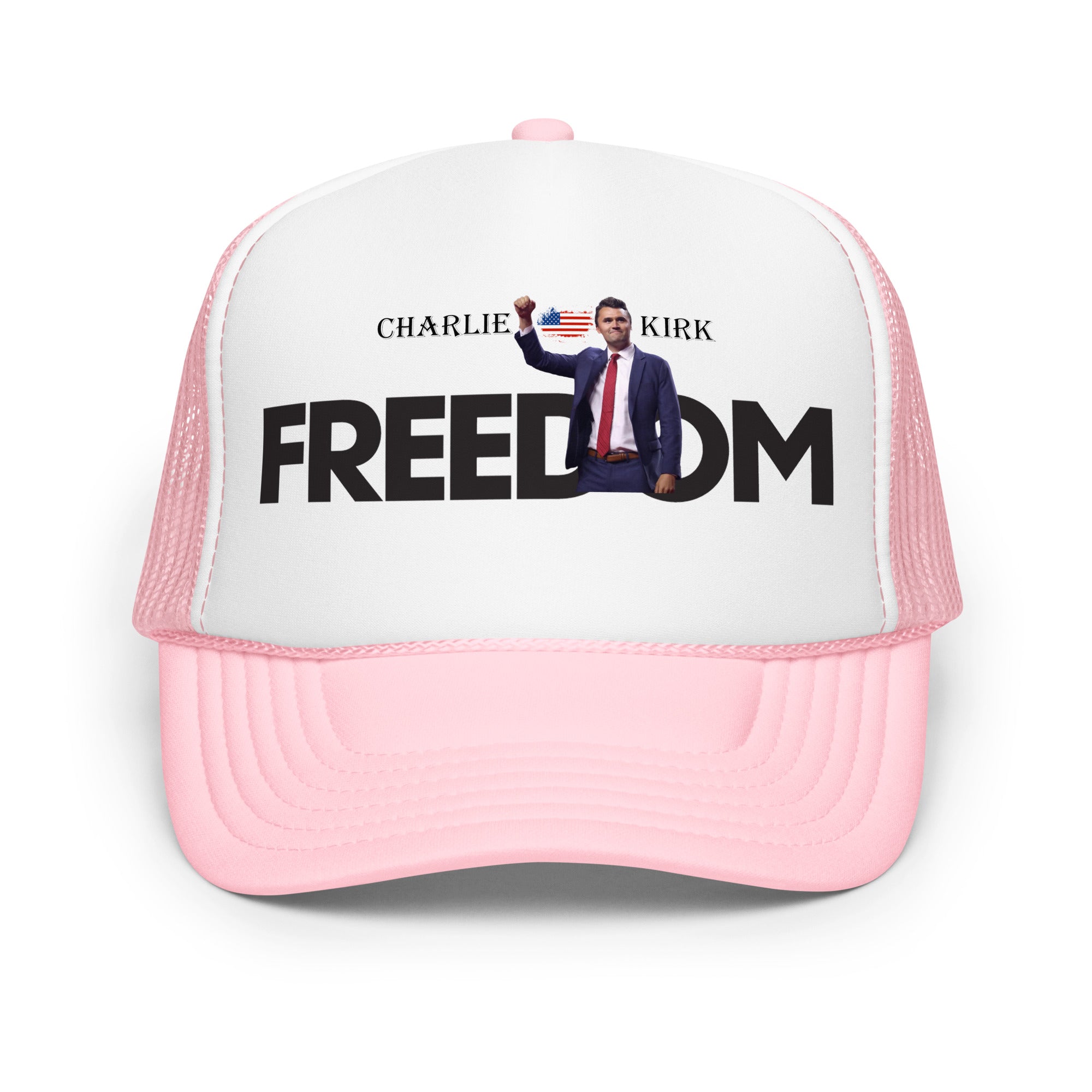 Charlie Kirk FREEDOM Trucker Hat, RIP Memorial American Flag Trucker Cap Light Pink White Light Pink Trucker Hat - Tophatter Daily Deals