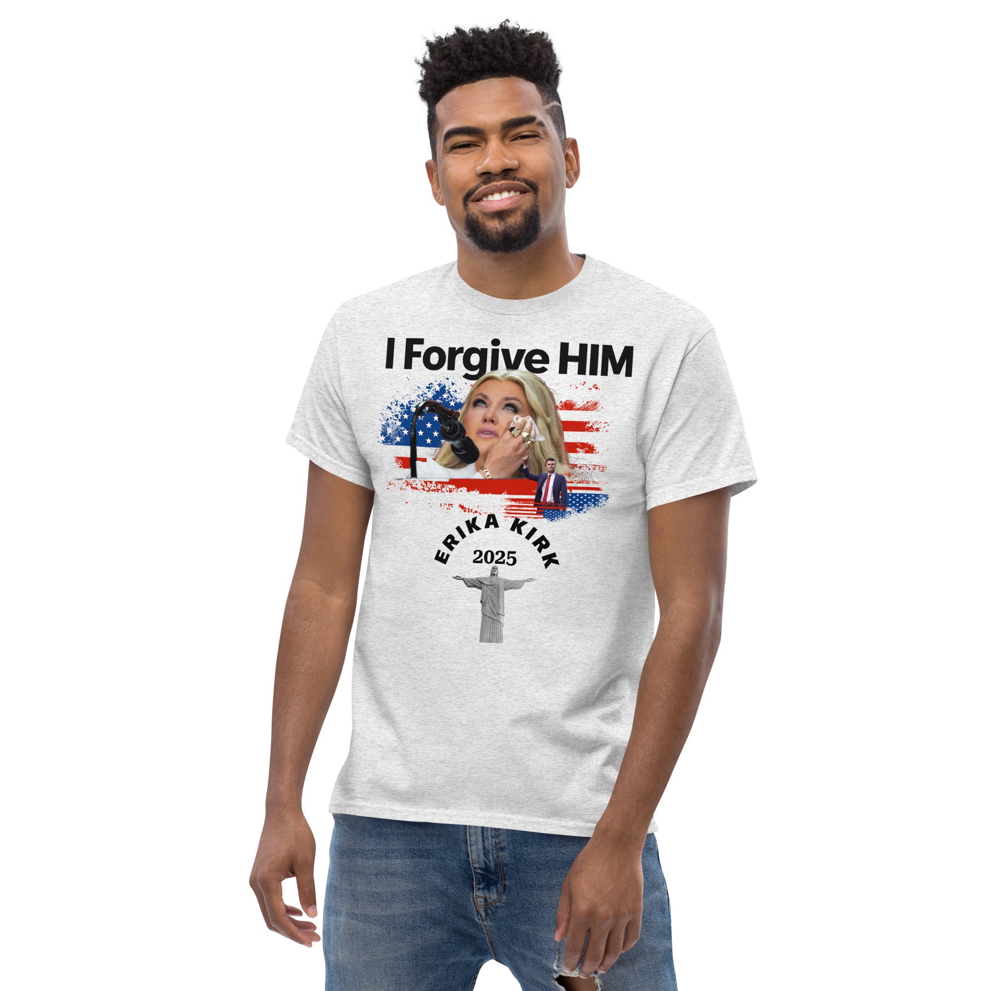 Erika Kirk I Forgive Him Shirt, Charlie Kirk Rip Memorial American Flag Tee With Jesus T-Shirt - Tophatter Daily Deals