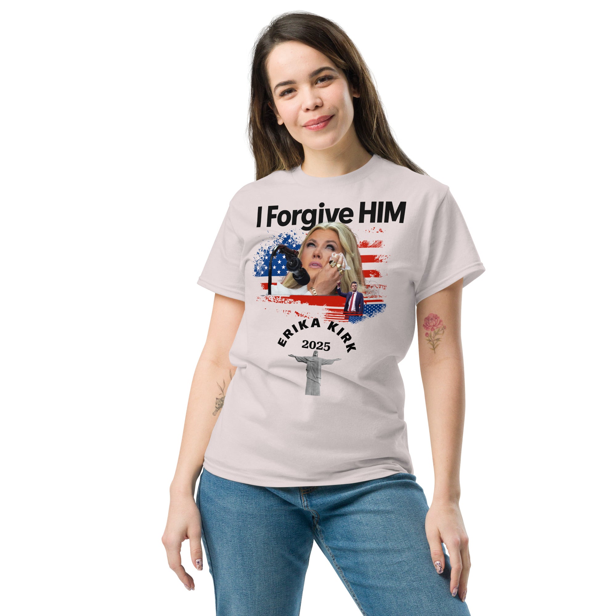 Erika Kirk I Forgive Him Shirt, Charlie Kirk Rip Memorial American Flag Tee With Jesus T-Shirt - Tophatter Daily Deals