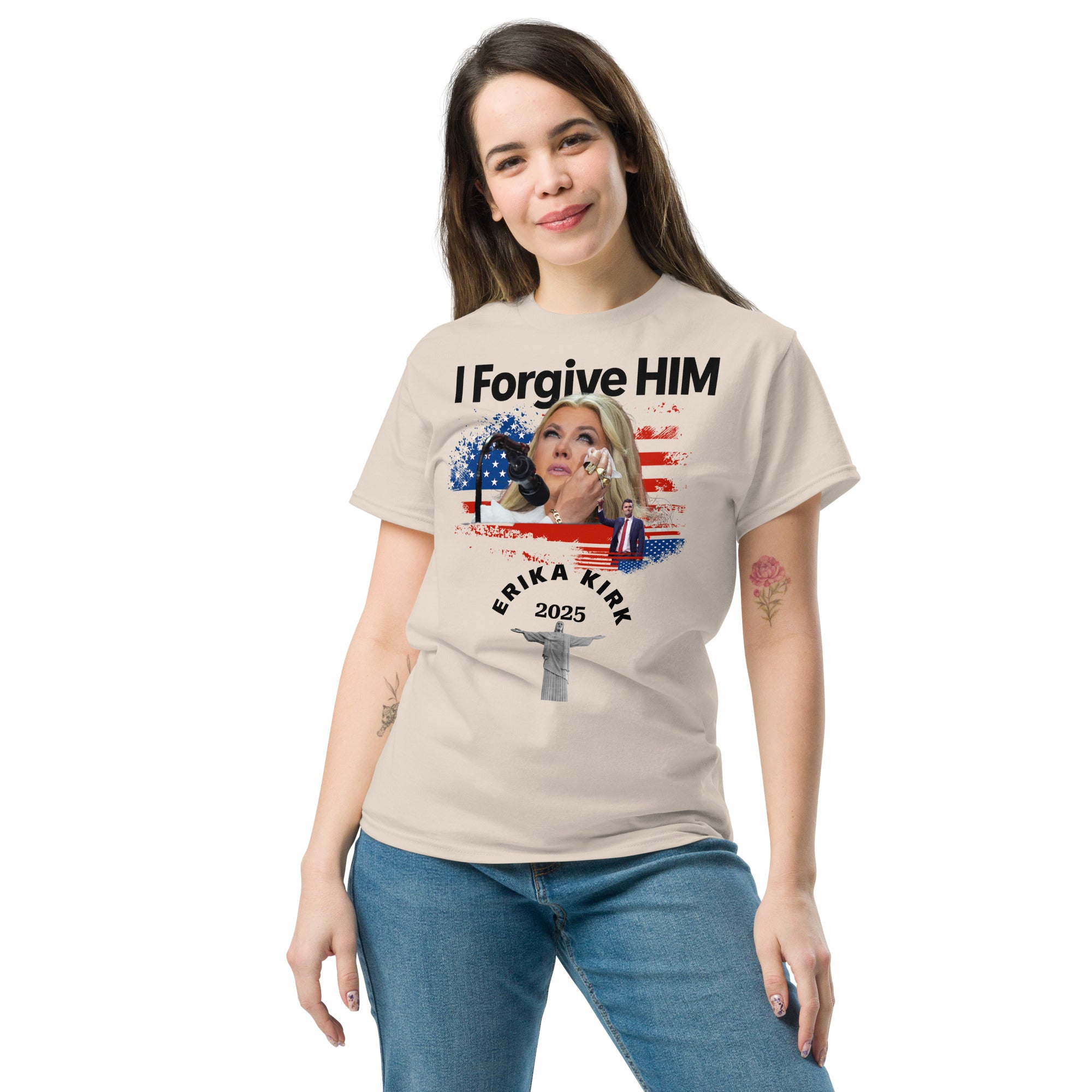 Erika Kirk I Forgive Him Shirt, Charlie Kirk Rip Memorial American Flag Tee With Jesus T-Shirt - Tophatter Daily Deals