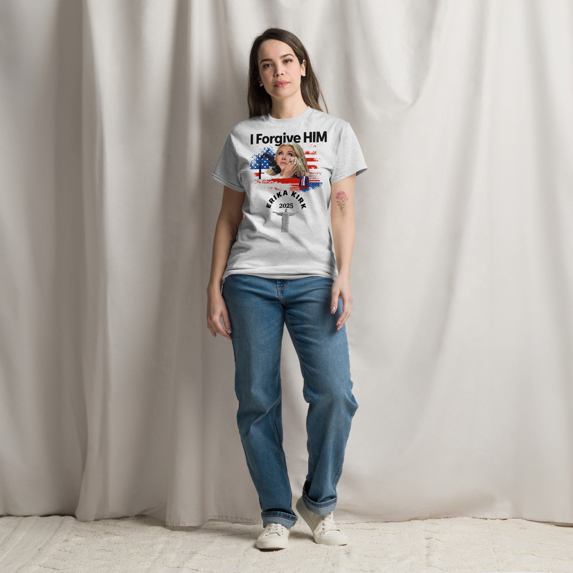 Erika Kirk I Forgive Him Shirt, Charlie Kirk Rip Memorial American Flag Tee With Jesus T-Shirt - Tophatter Daily Deals