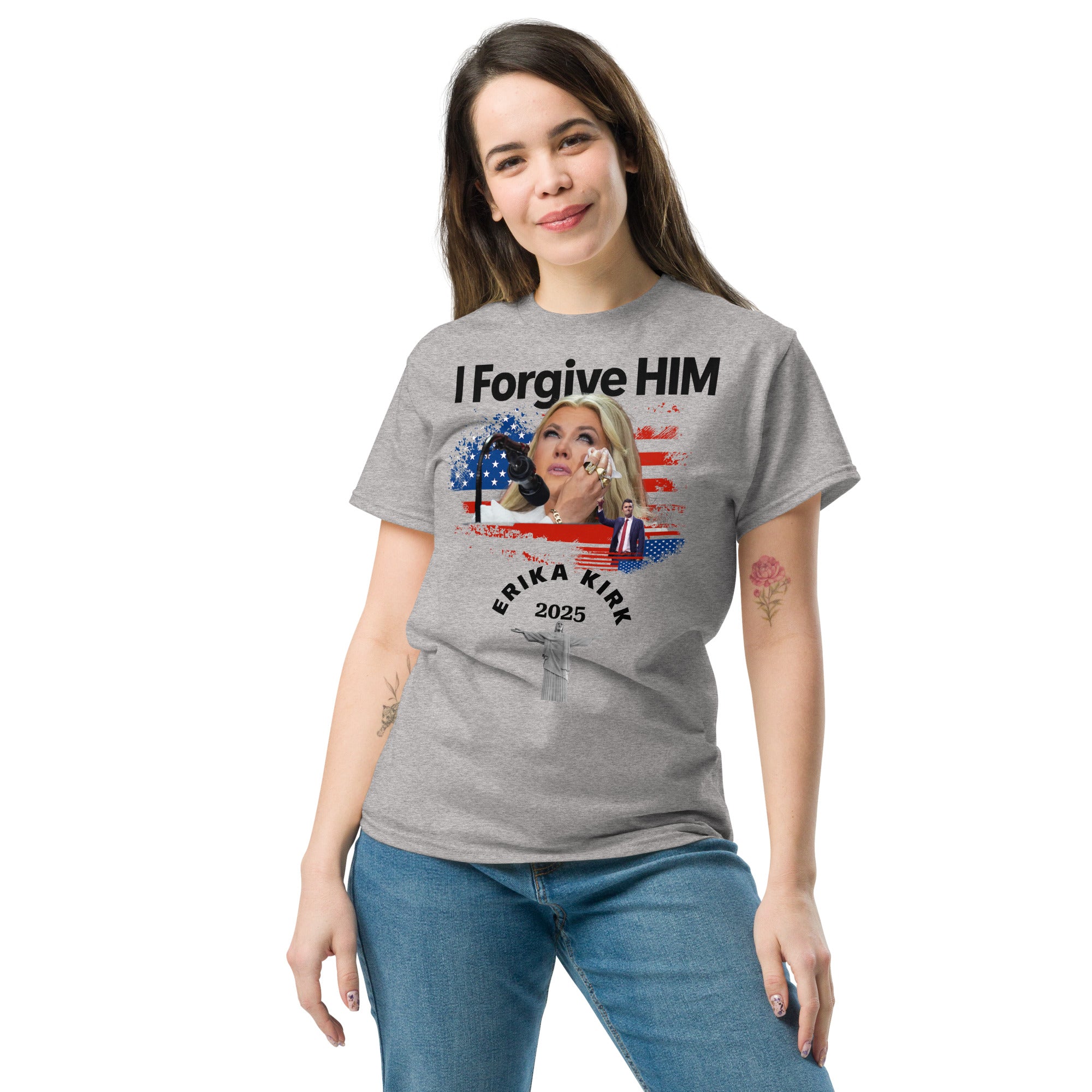Erika Kirk I Forgive Him Shirt, Charlie Kirk Rip Memorial American Flag Tee With Jesus T-Shirt - Tophatter Daily Deals
