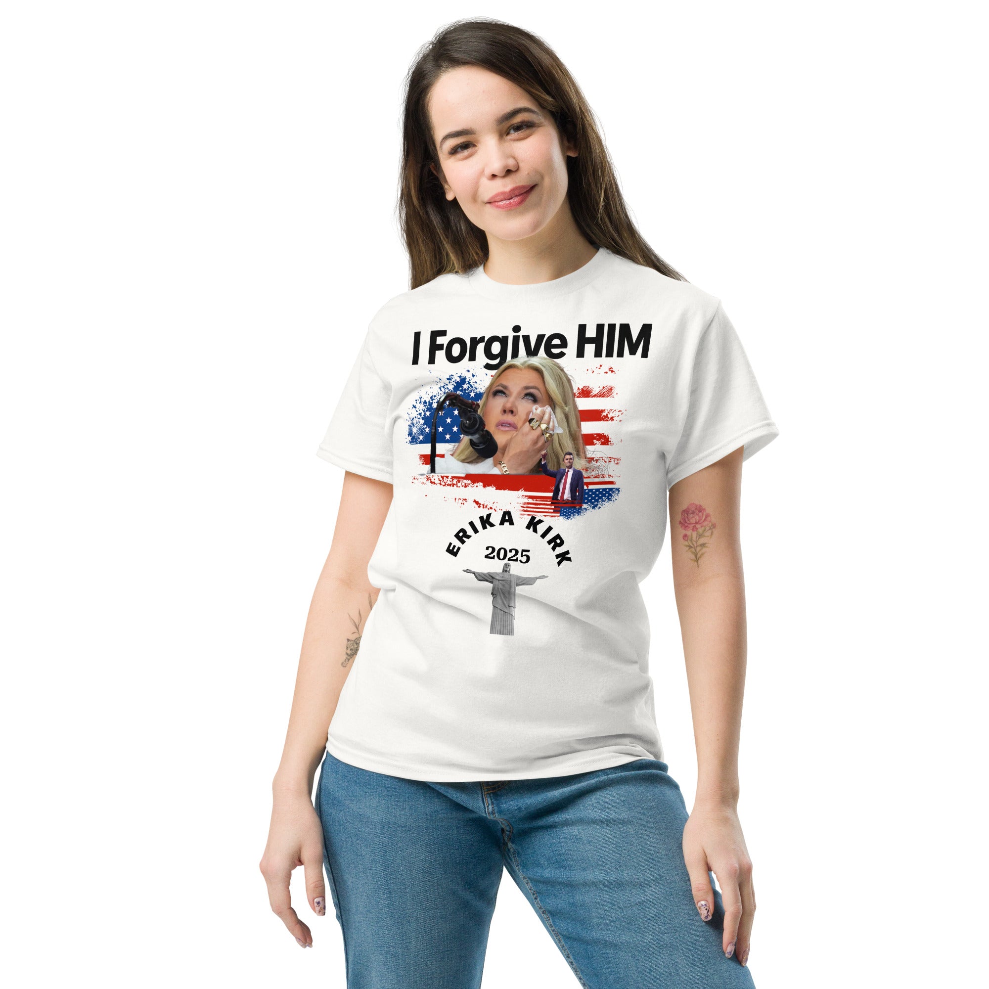 Erika Kirk I Forgive Him Shirt, Charlie Kirk Rip Memorial American Flag Tee With Jesus T-Shirt - Tophatter Daily Deals
