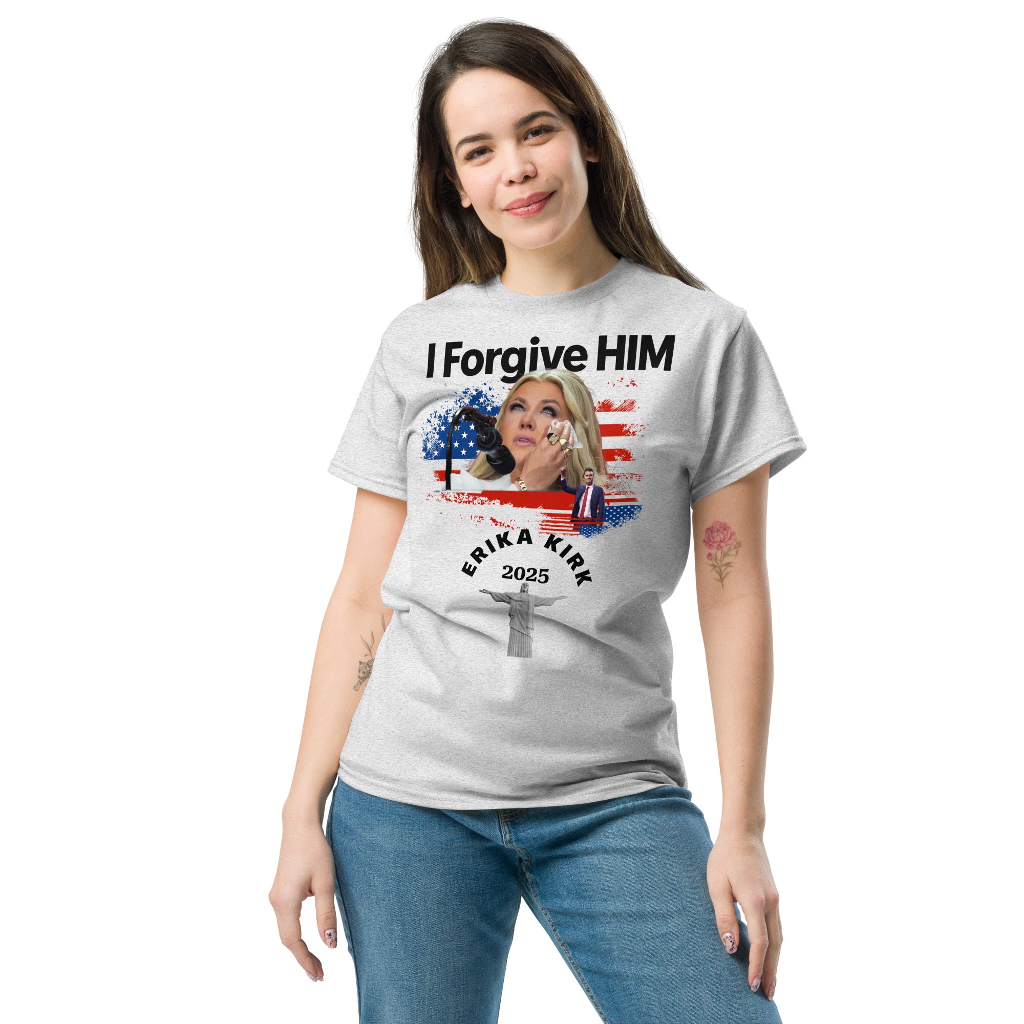 Erika Kirk I Forgive Him Shirt, Charlie Kirk Rip Memorial American Flag Tee With Jesus T-Shirt - Tophatter Daily Deals