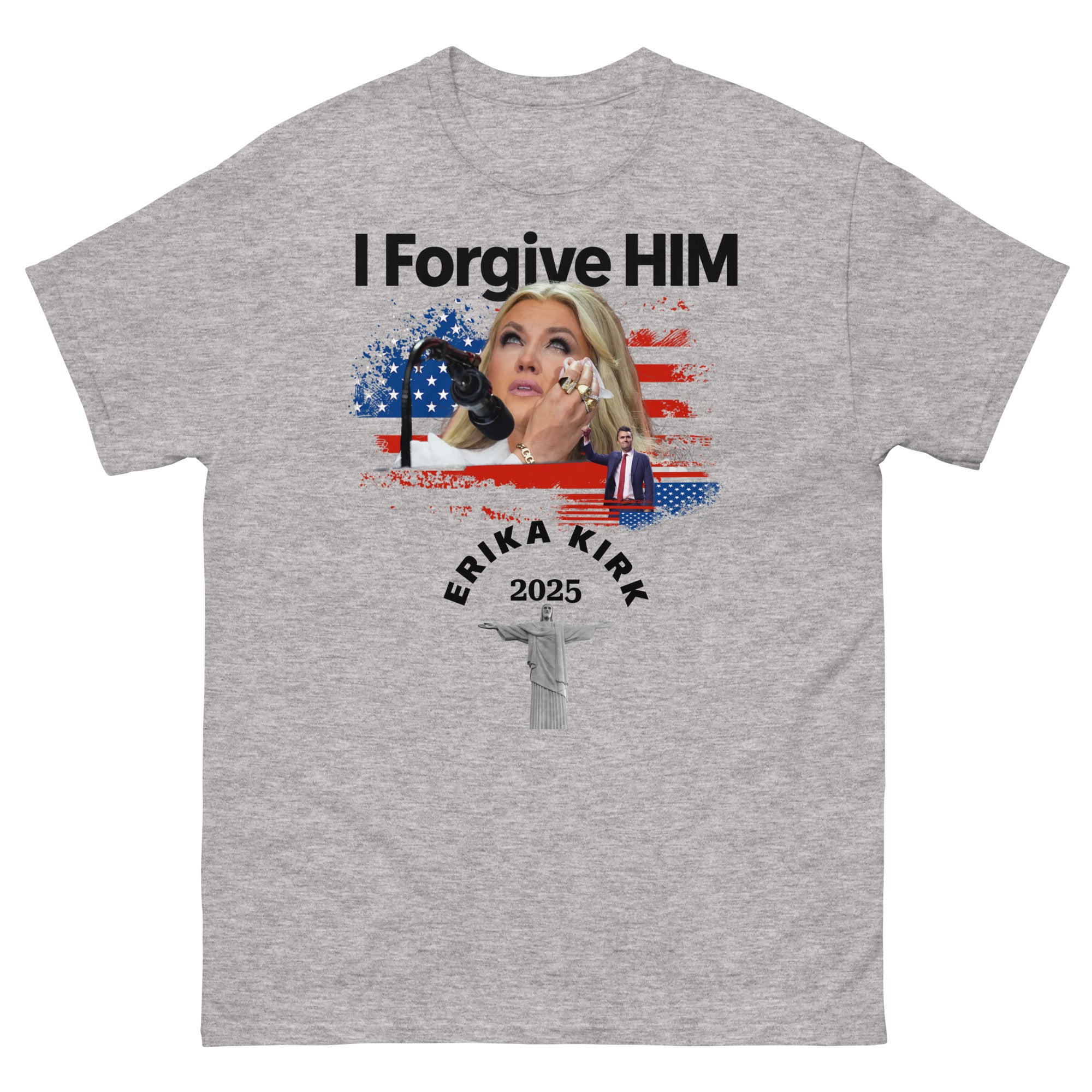 Erika Kirk I Forgive Him Shirt, Charlie Kirk Rip Memorial American Flag Tee With Jesus Sport Grey T-Shirt - Tophatter Daily Deals
