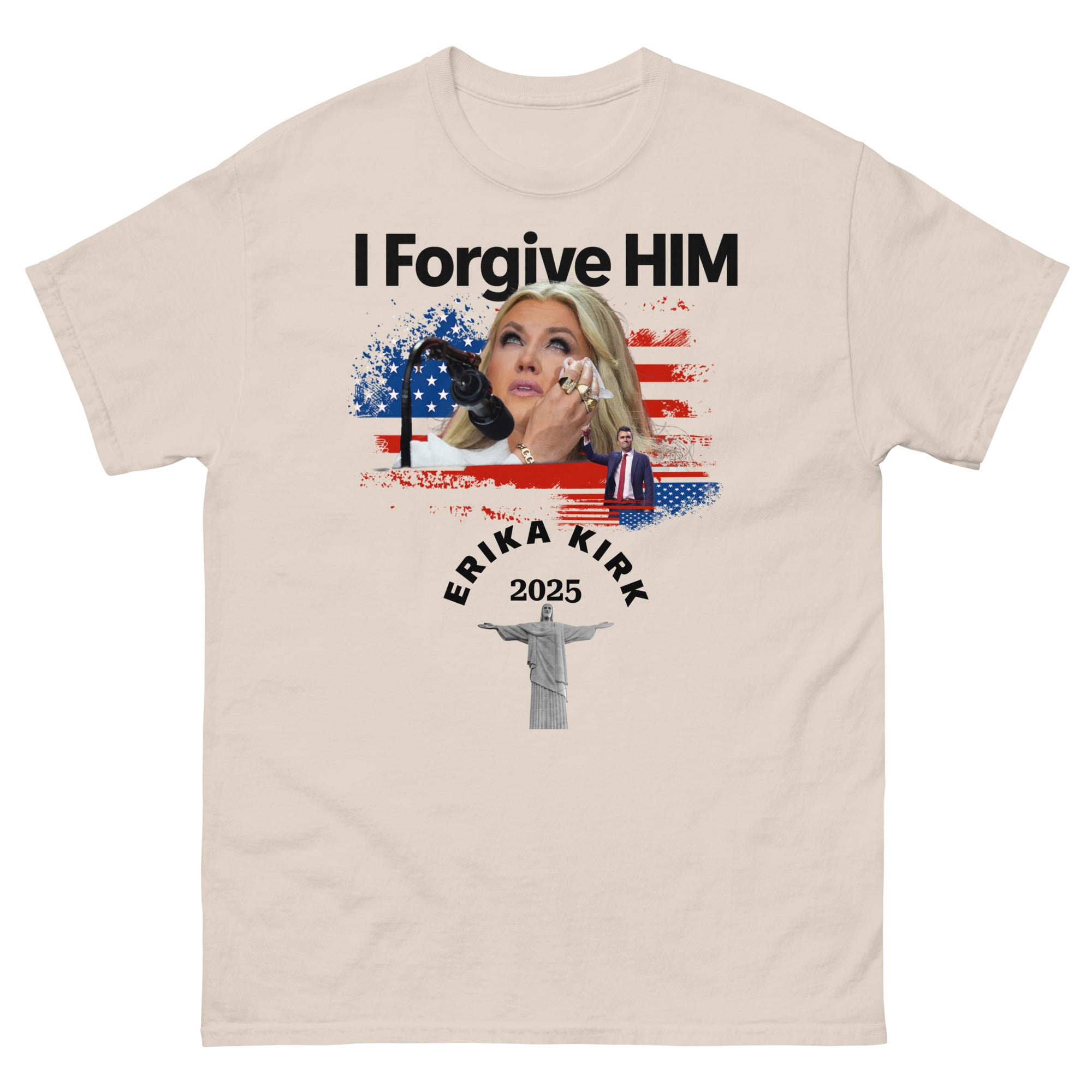 Erika Kirk I Forgive Him Shirt, Charlie Kirk Rip Memorial American Flag Tee With Jesus Natural T-Shirt - Tophatter Daily Deals