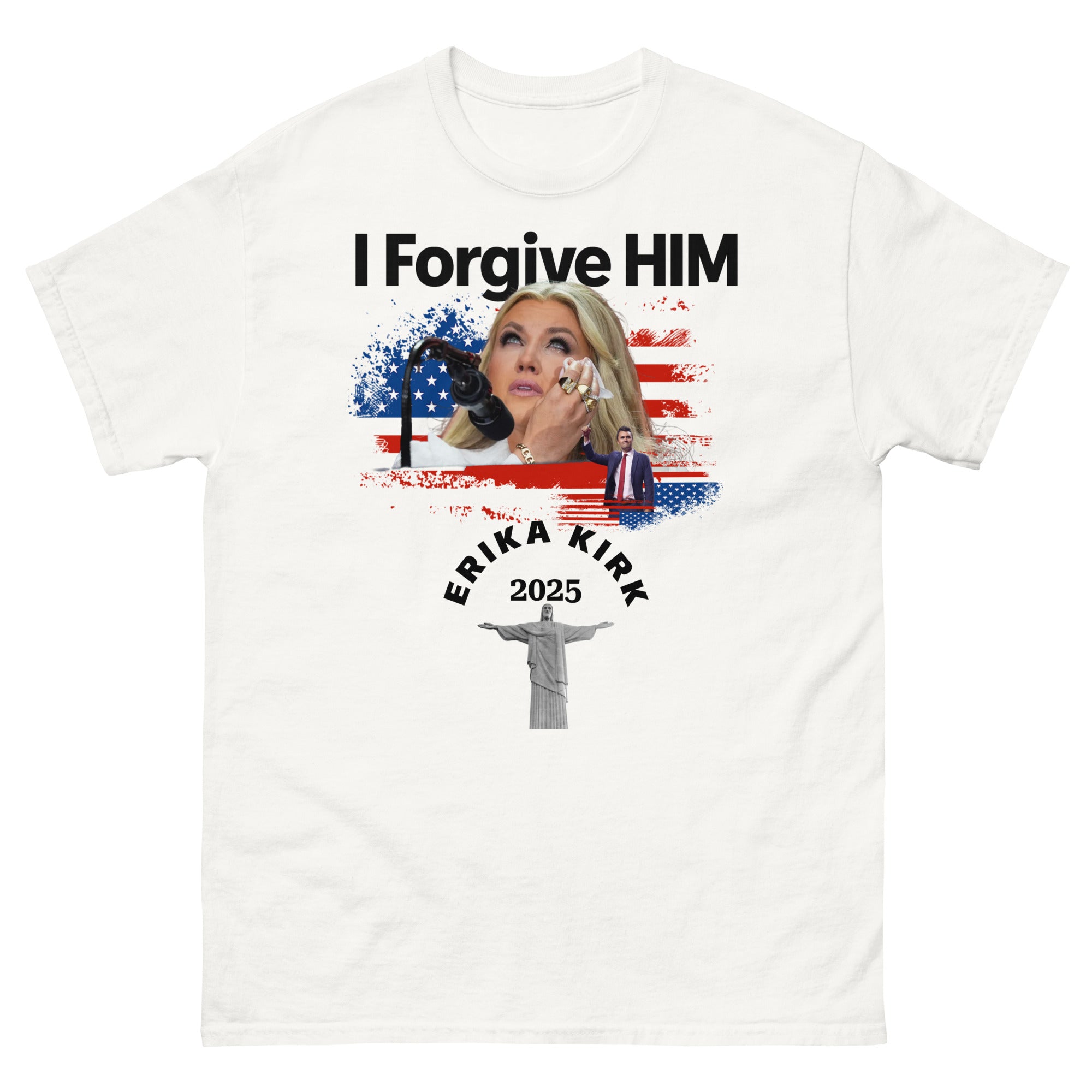 Erika Kirk I Forgive Him Shirt, Charlie Kirk Rip Memorial American Flag Tee With Jesus White T-Shirt - Tophatter Daily Deals