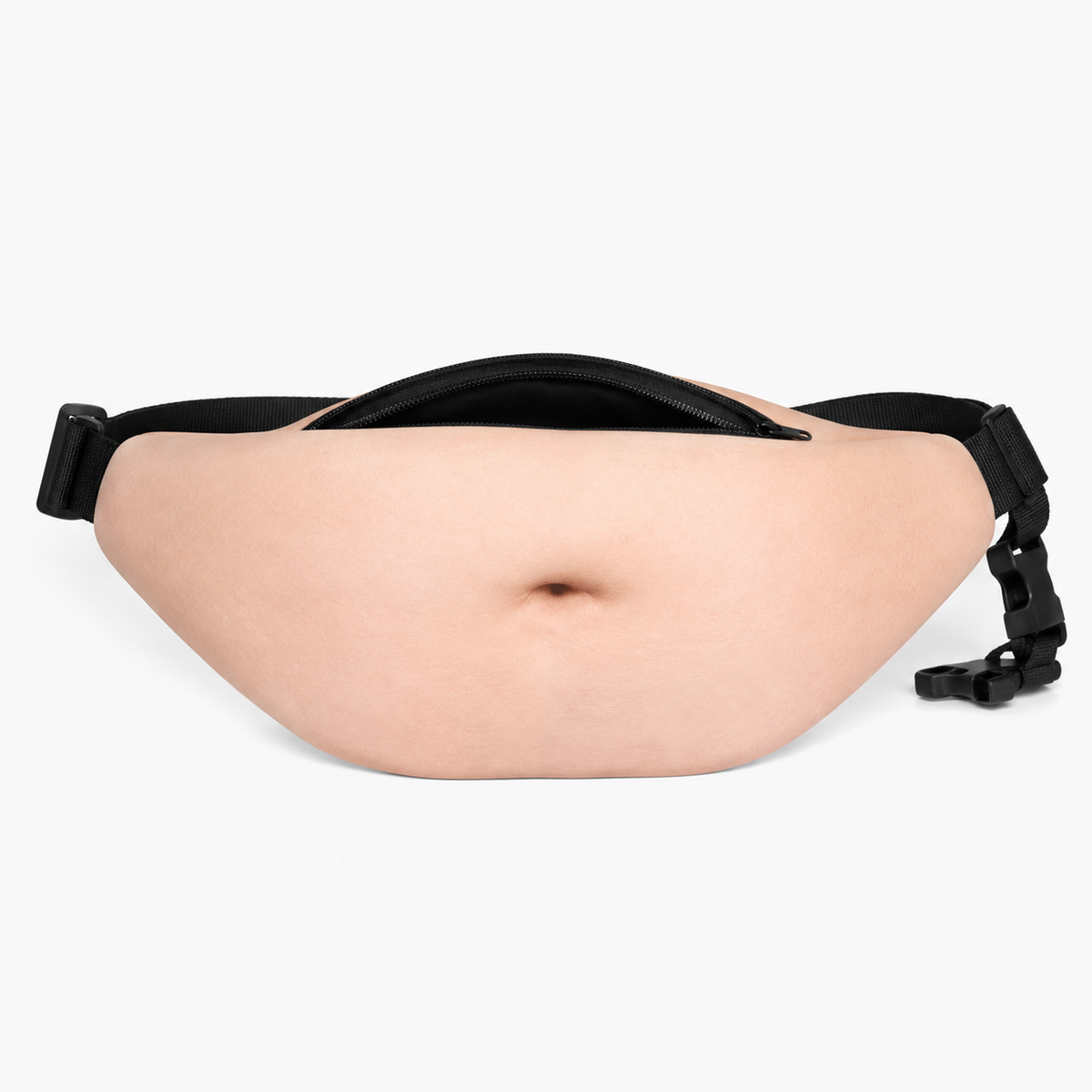 A novelty fanny pack designed to look like a human belly, featuring a realistic beige skin texture with a printed navel and a black adjustable strap with plastic buckles.