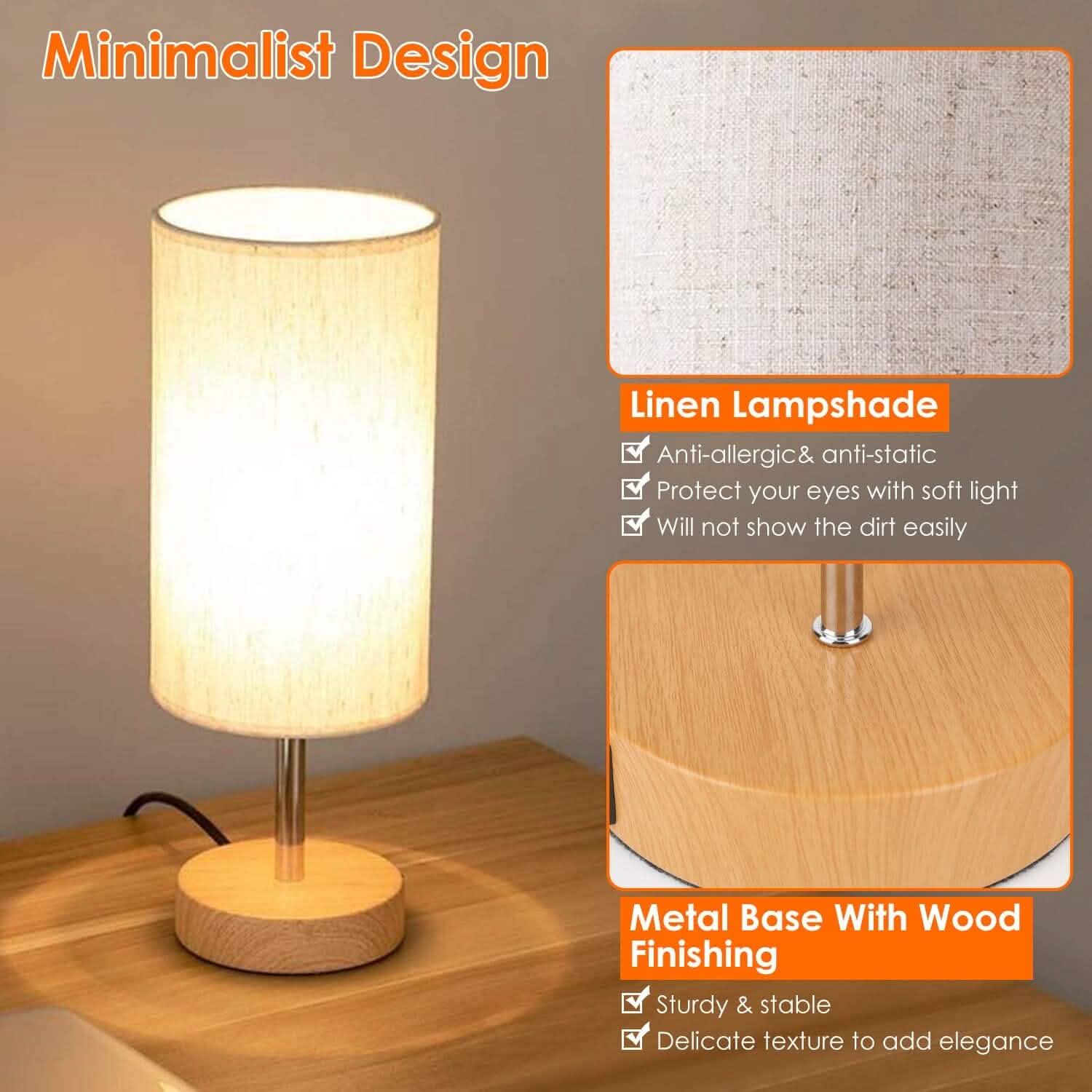 Touch Control Table Lamp 3-Way Dimmable Nightstand Beside Lamp Indoor Lighting - Tophatter Daily Deals