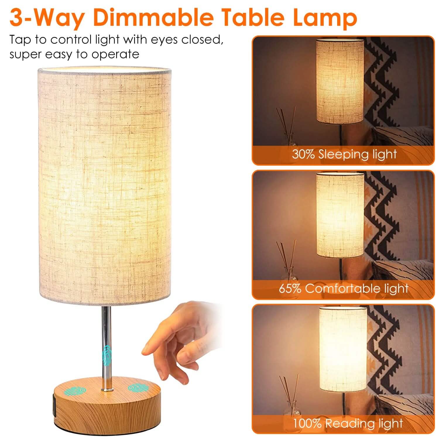 Touch Control Table Lamp 3-Way Dimmable Nightstand Beside Lamp Indoor Lighting - Tophatter Daily Deals