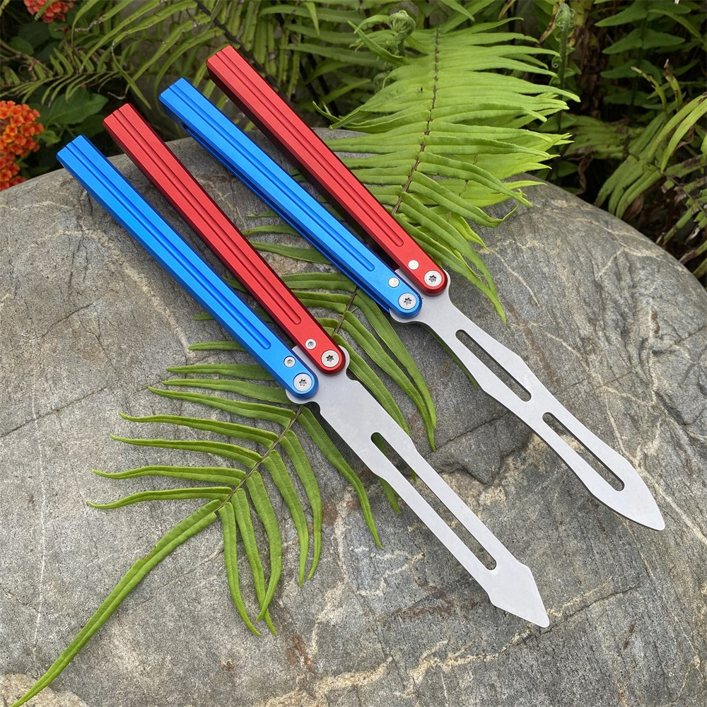 CNC Cutting High-End Sword Head Butterfly Knife Balisong Trainer With Red Blue Color Aluminum Alloy Handle - Tophatter Daily Deals