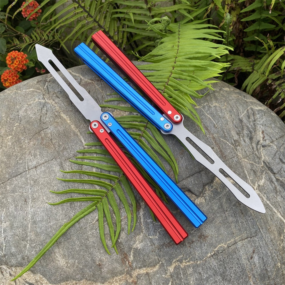 CNC Cutting High-End Sword Head Butterfly Knife Balisong Trainer With Red Blue Color Aluminum Alloy Handle - Tophatter Daily Deals