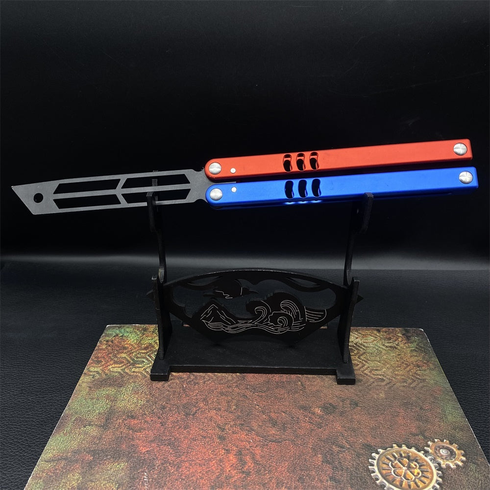 High-End CNC Blue Red Contrast Colored Balisong Butterfly Knife Trainer Safe Dull Blade Trainer A & Stand - Tophatter Daily Deals
