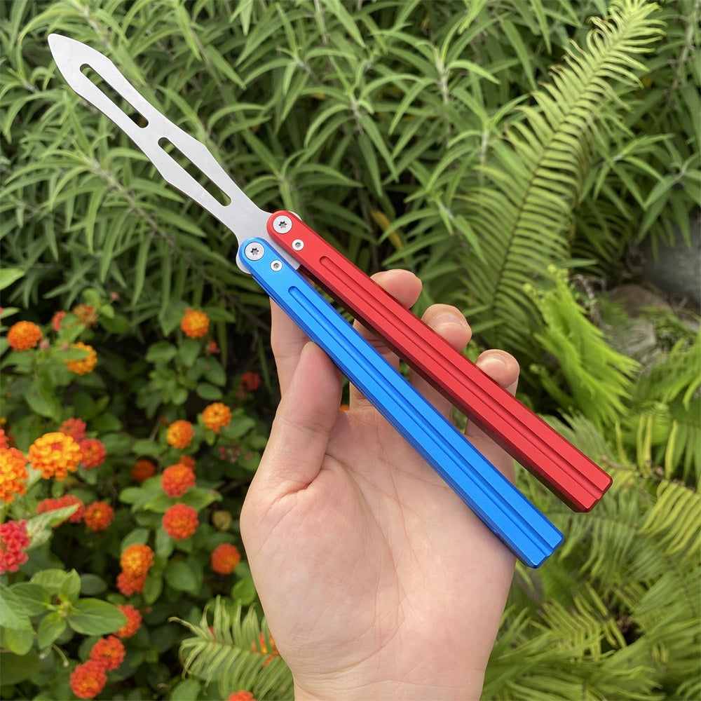 CNC Cutting High-End Sword Head Butterfly Knife Balisong Trainer With Red Blue Color Aluminum Alloy Handle Trainer A - Tophatter Daily Deals