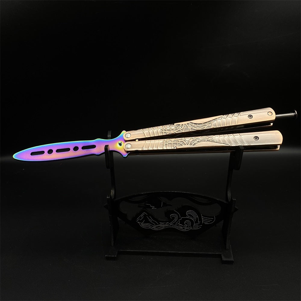 Blunt Blade Stainless Steel 3D Spider Relief Balisong Butterfly Knife Trainer Trainer B & Stand - Tophatter Daily Deals
