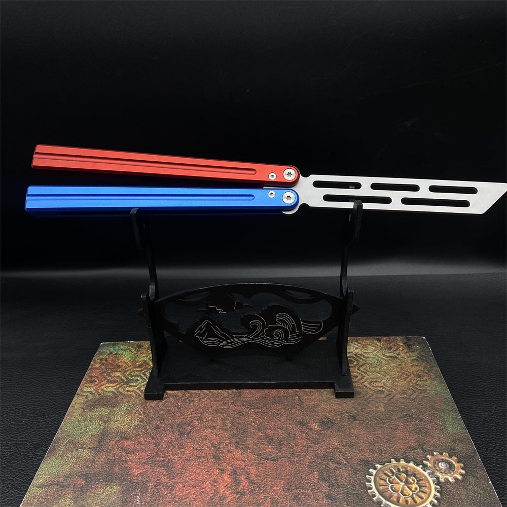 High-End CNC Blue Red Contrast Colored Balisong Butterfly Knife Trainer Safe Dull Blade Trainer C & Stand - Tophatter Daily Deals