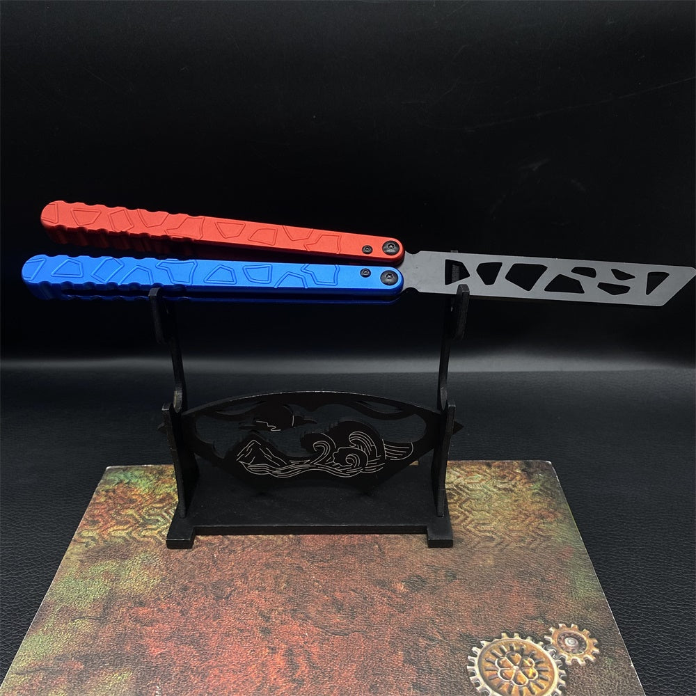 High-End CNC Blue Red Contrast Colored Balisong Butterfly Knife Trainer Safe Dull Blade Trainer B & Stand - Tophatter Daily Deals