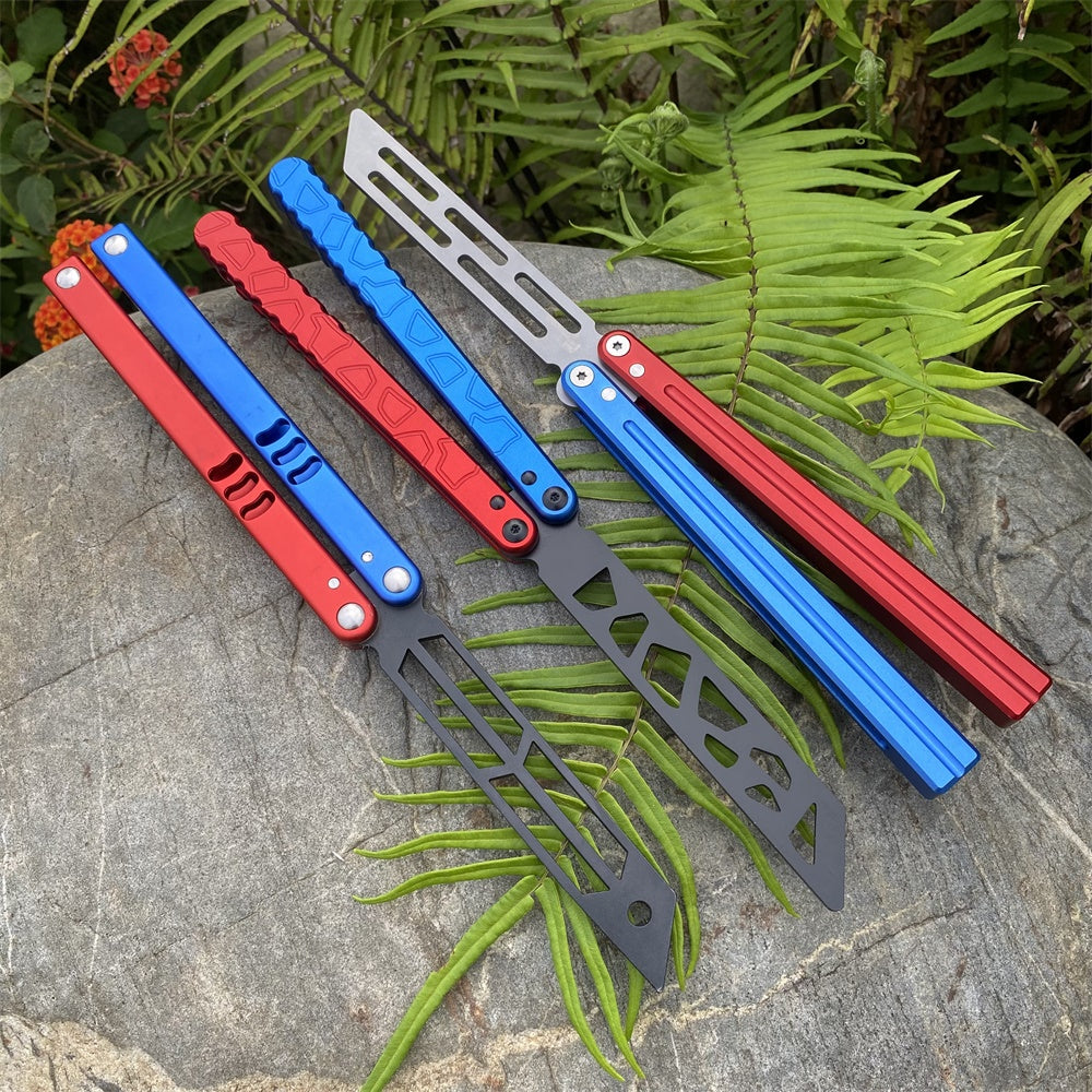 High-End CNC Blue Red Contrast Colored Balisong Butterfly Knife Trainer Safe Dull Blade - Tophatter Daily Deals