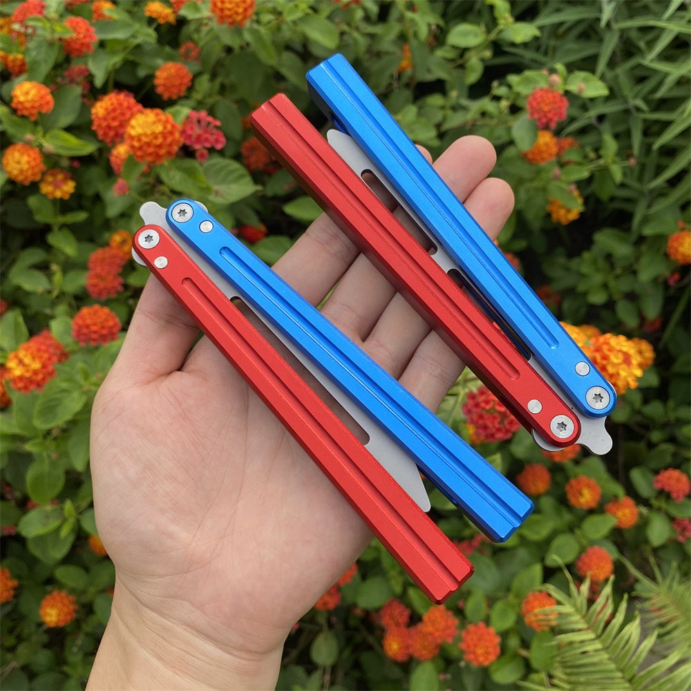 CNC Cutting High-End Sword Head Butterfly Knife Balisong Trainer With Red Blue Color Aluminum Alloy Handle 2 in 1 Pack - Tophatter Daily Deals