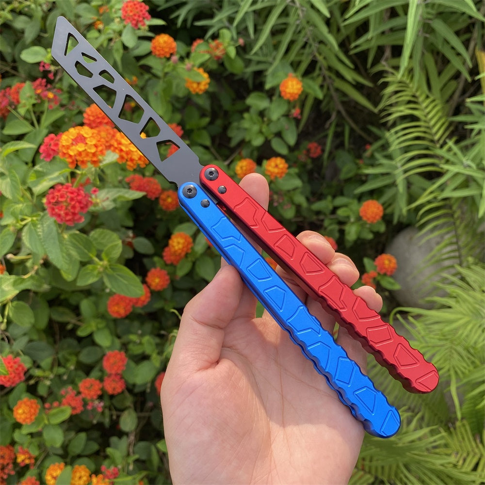 High-End CNC Blue Red Contrast Colored Balisong Butterfly Knife Trainer Safe Dull Blade Trainer B - Tophatter Daily Deals