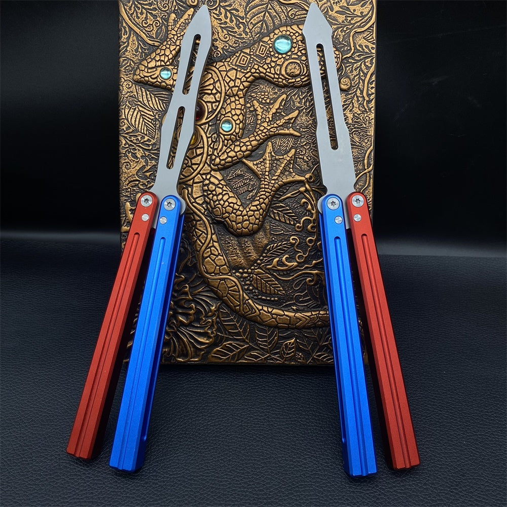 CNC Cutting High-End Sword Head Butterfly Knife Balisong Trainer With Red Blue Color Aluminum Alloy Handle - Tophatter Daily Deals