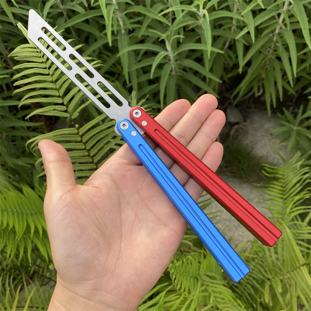 High-End CNC Blue Red Contrast Colored Balisong Butterfly Knife Trainer Safe Dull Blade Trainer C - Tophatter Daily Deals