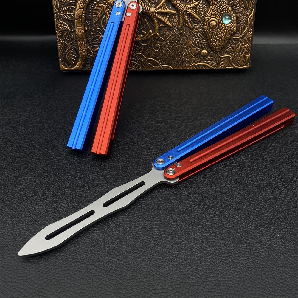 CNC Cutting High-End Sword Head Butterfly Knife Balisong Trainer With Red Blue Color Aluminum Alloy Handle - Tophatter Daily Deals