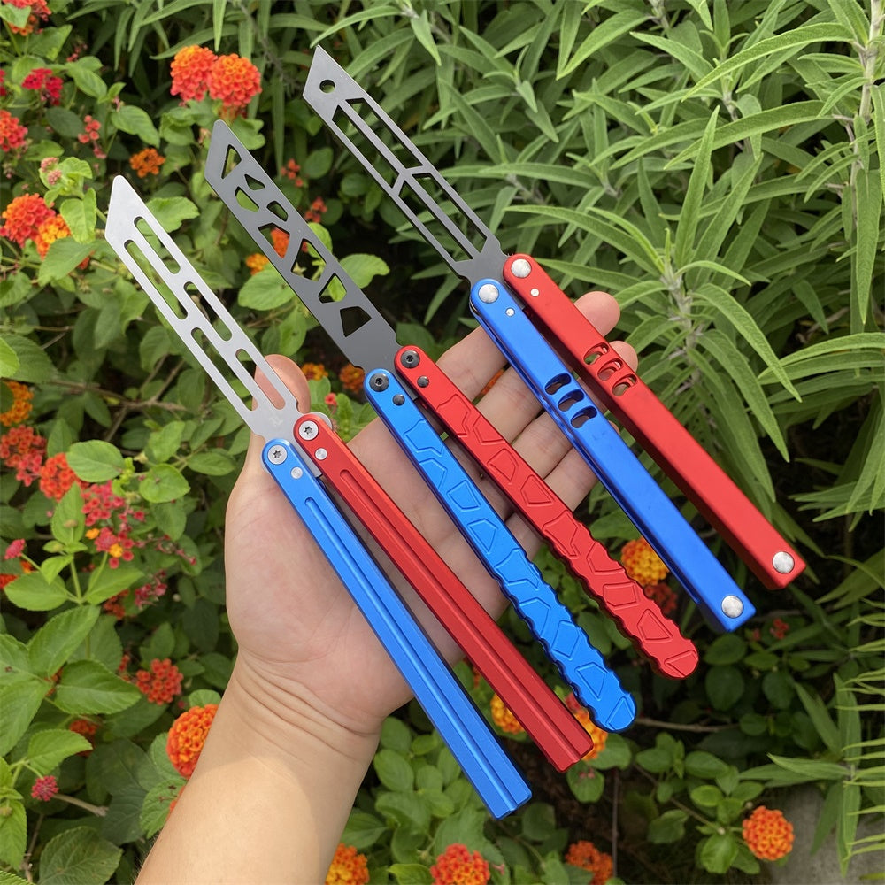 High-End CNC Blue Red Contrast Colored Balisong Butterfly Knife Trainer Safe Dull Blade 3 in 1 Pack - Tophatter Daily Deals