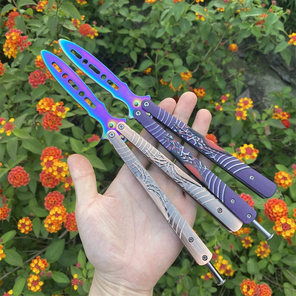 Blunt Blade Stainless Steel 3D Spider Relief Balisong Butterfly Knife Trainer 2 in 1 Pack - Tophatter Daily Deals