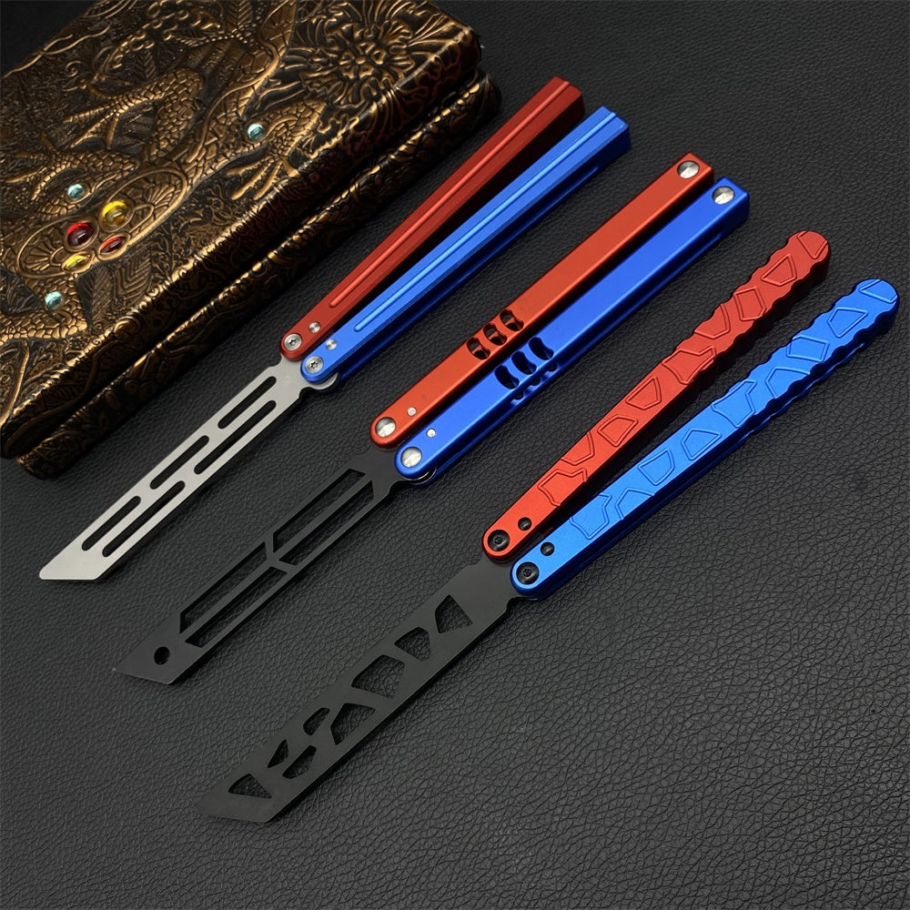 High-End CNC Blue Red Contrast Colored Balisong Butterfly Knife Trainer Safe Dull Blade - Tophatter Daily Deals