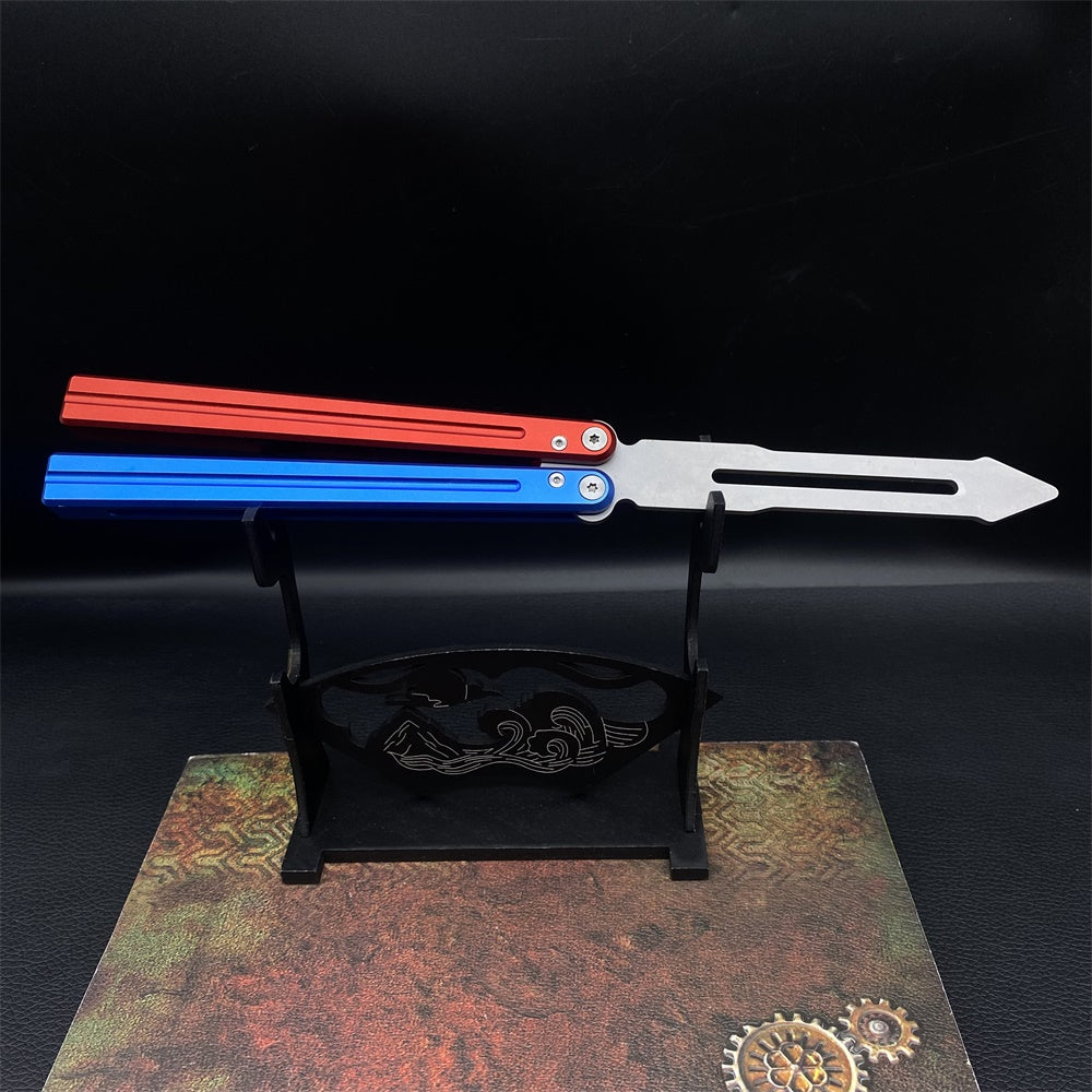 CNC Cutting High-End Sword Head Butterfly Knife Balisong Trainer With Red Blue Color Aluminum Alloy Handle Trainer B & Stand - Tophatter Daily Deals