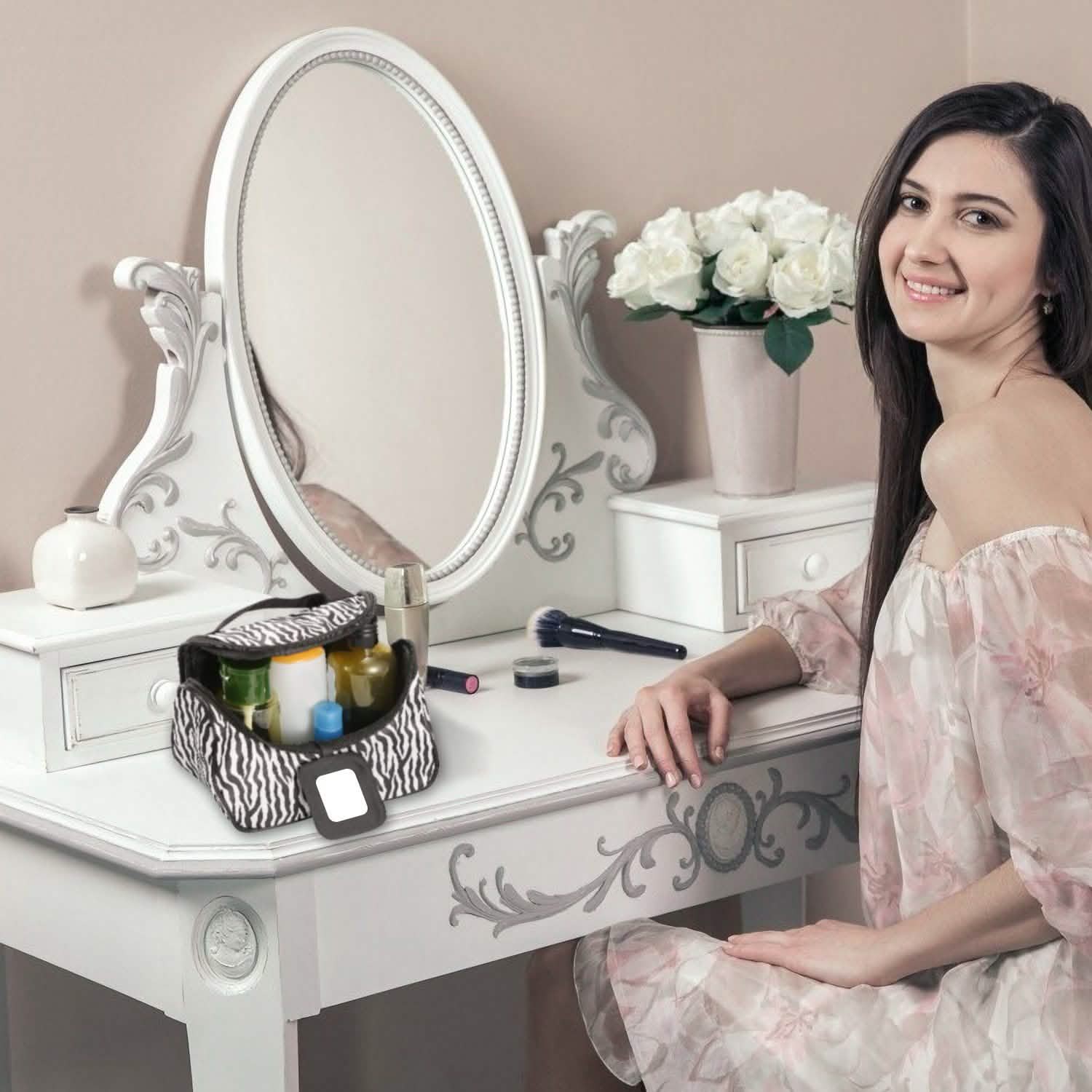 Travel Makeup Bag Portable Cosmetic Organizer with Cosmetic Mirror Beauty & Personal Care - Tophatter Daily Deals